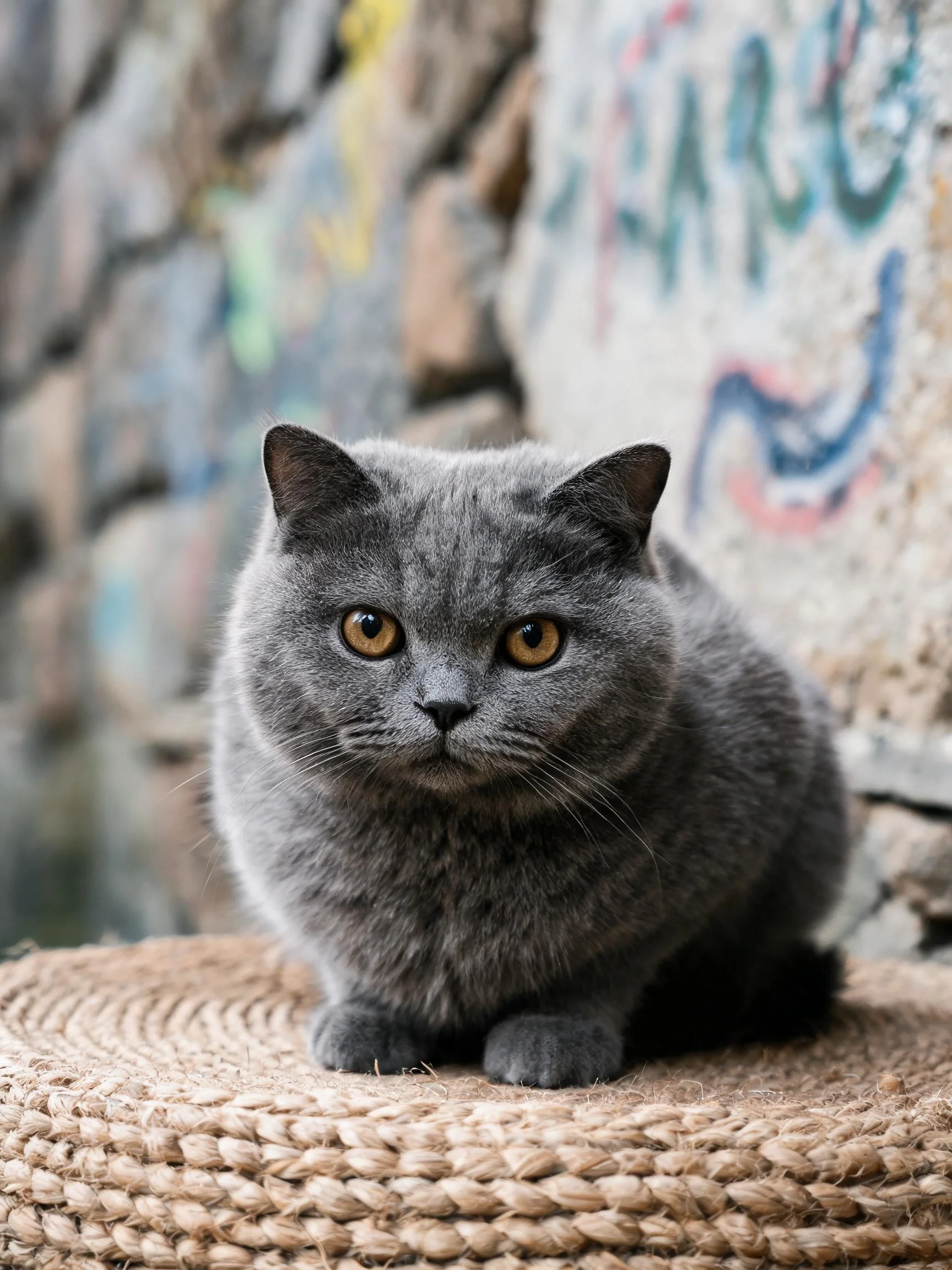 英国短毛猫有着柔软的灰色被毛,黄色的眼睛明亮,正坐在编织垫上注视镜头。