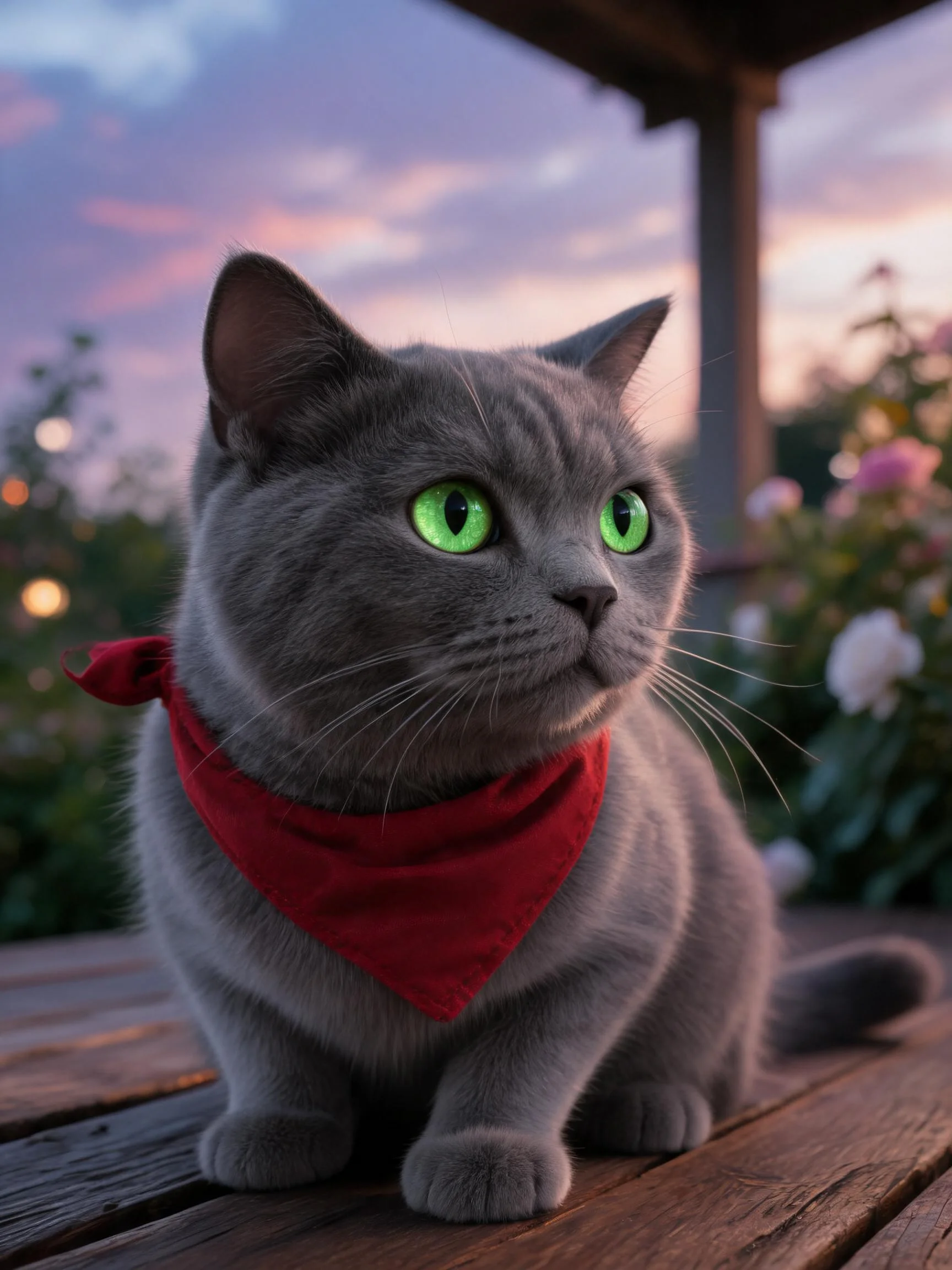 一只英国短毛猫,有着浓密灰色的被毛和明亮的绿色眼睛,正戴着红色三角巾坐在木质平台上。