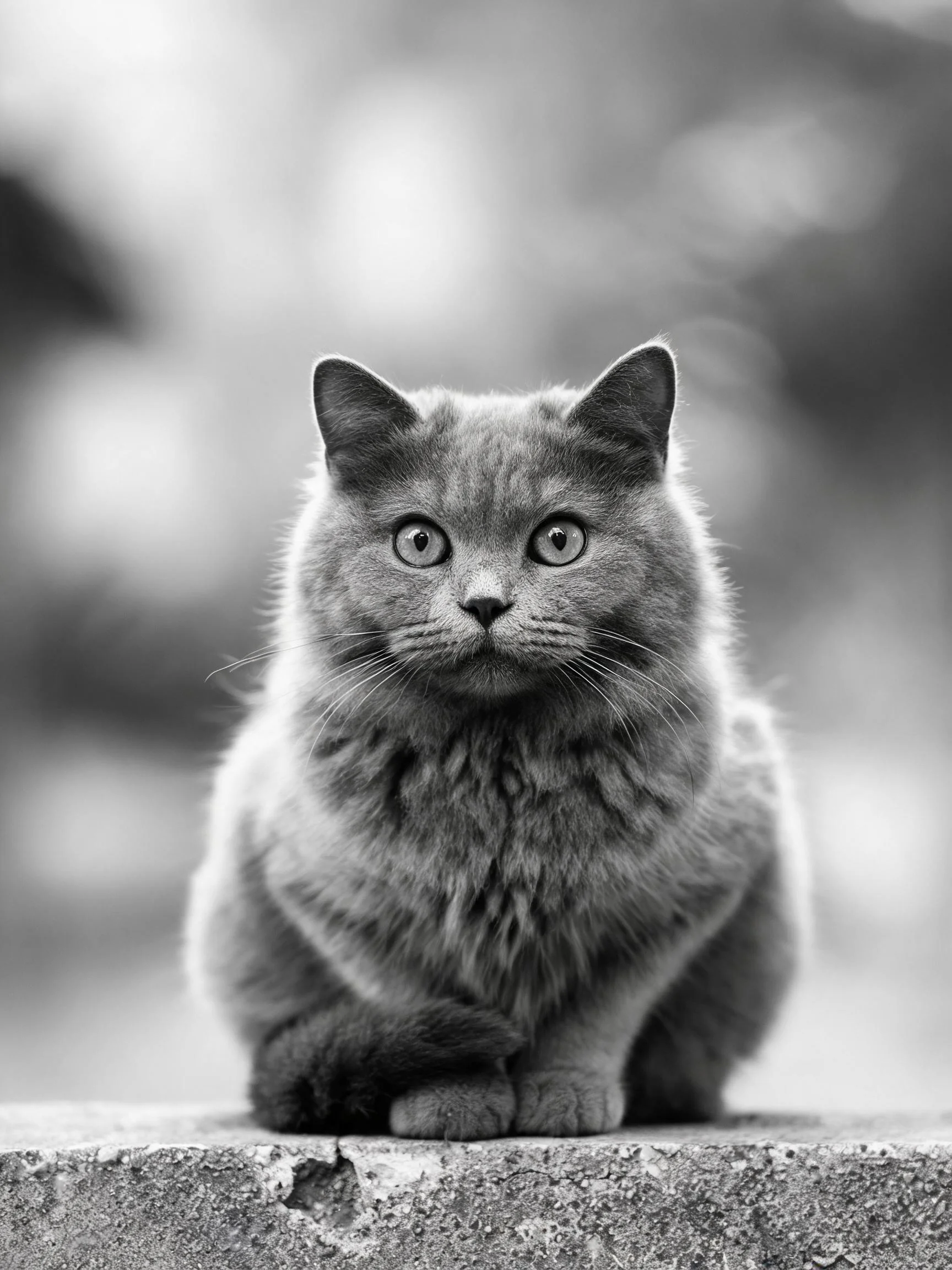 英国短毛猫有着蓬松的被毛和圆眼睛，正坐在石质平台上注视前方。