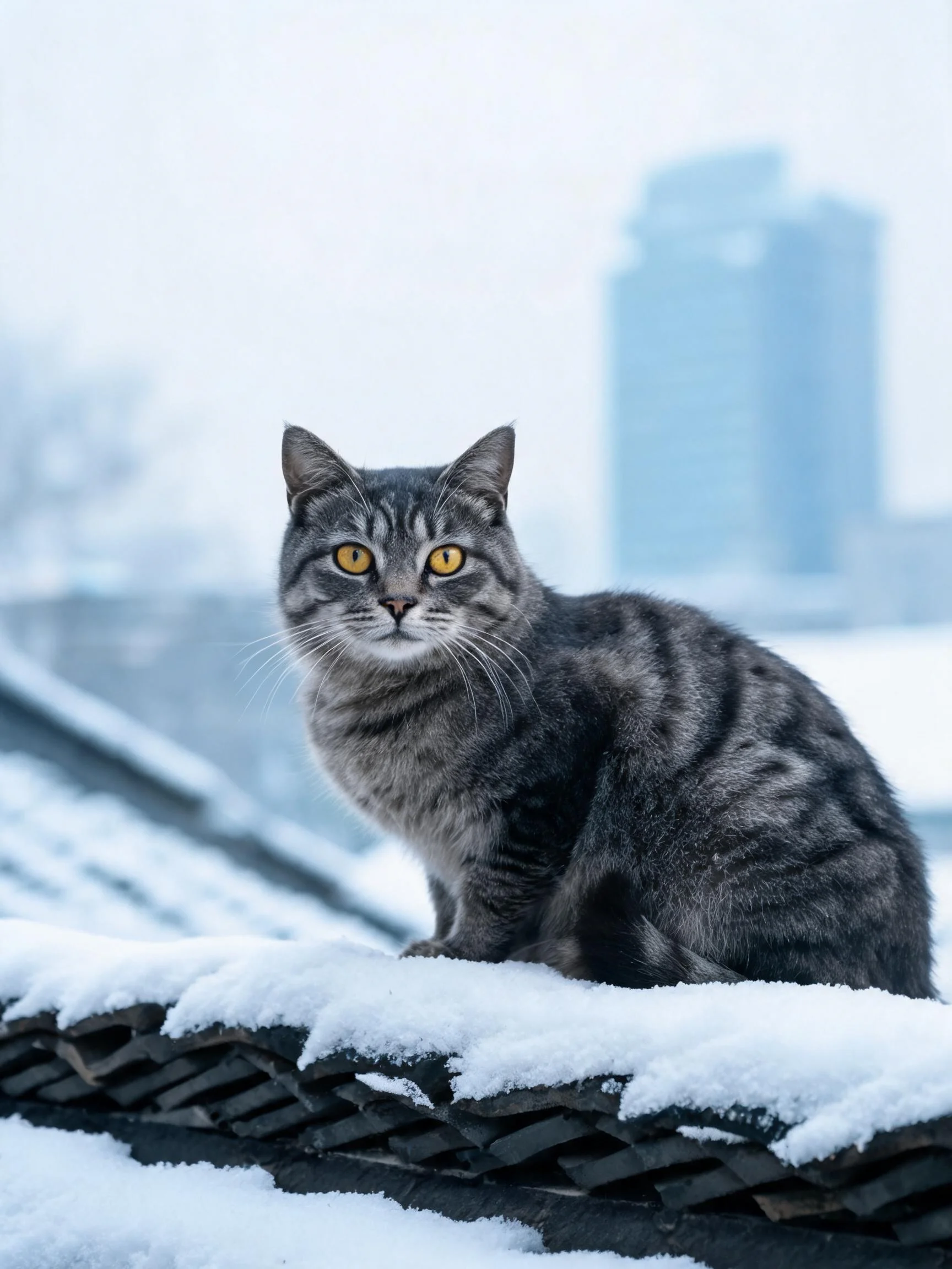 一只灰虎斑短毛猫,有着清晰的条纹花纹和明亮的黄色眼睛,安静地坐在积雪覆盖的屋顶边缘。