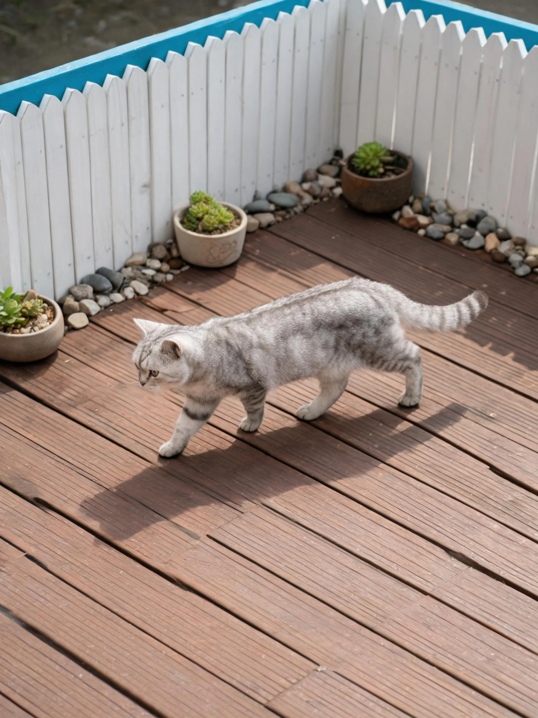 一色短毛猫在木质平台上行走,灰白相间的皮毛在阳光下显得柔顺,尾巴摆动。