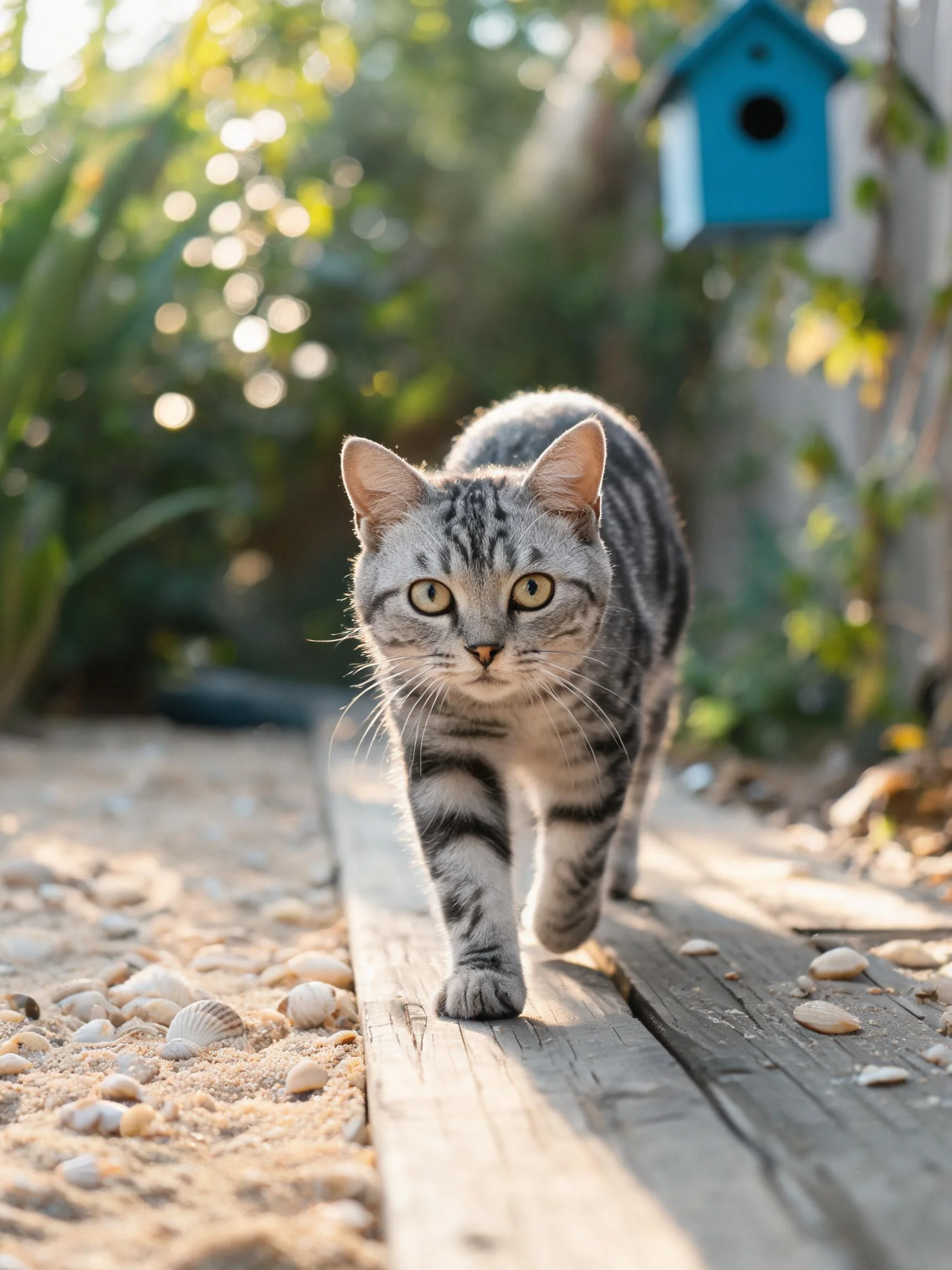 银虎斑短毛猫正沿着木质步道行走,浅灰色带黑色条纹的被毛在阳光下清晰可见。