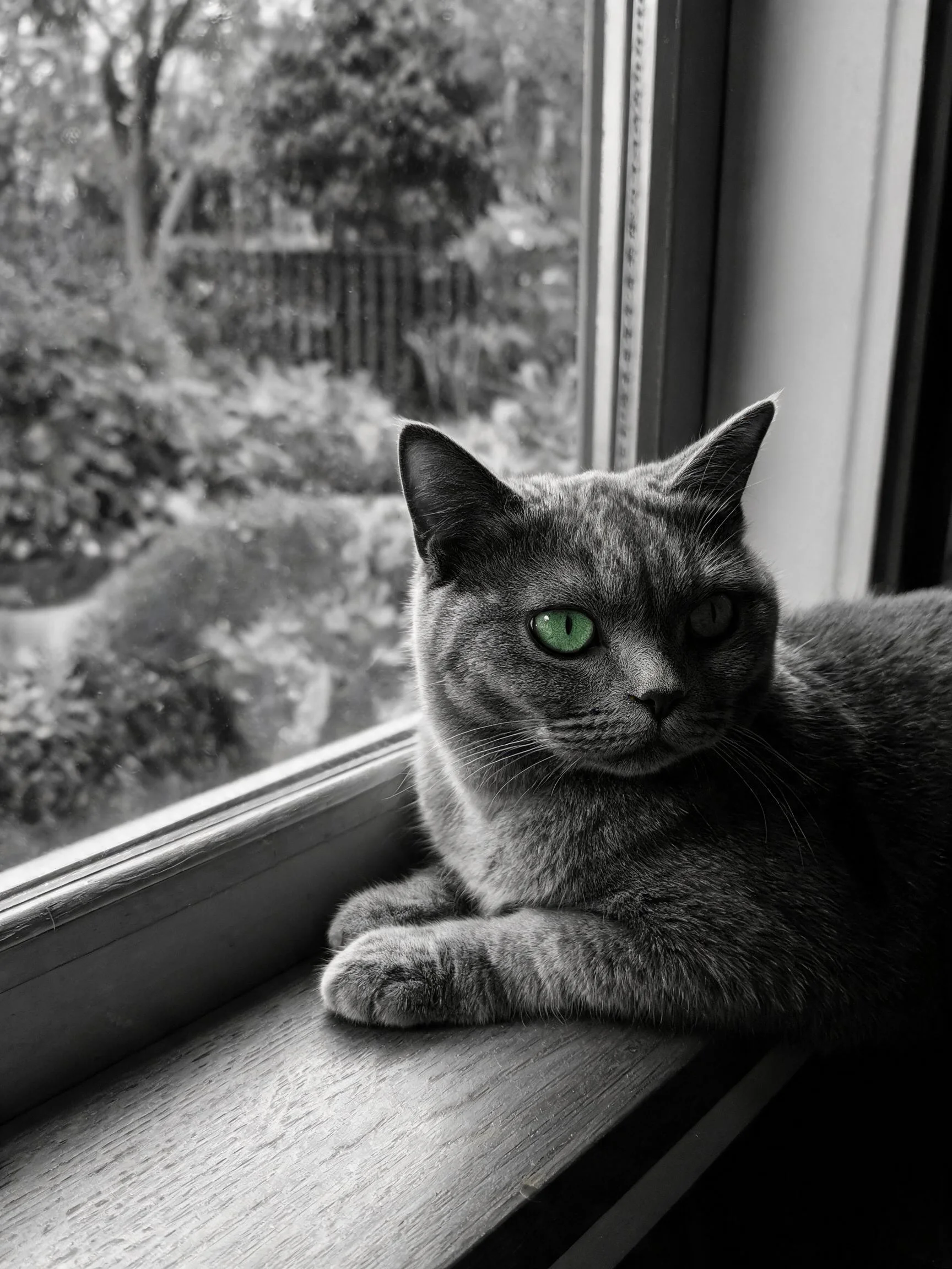 一只英国短毛猫趴在窗台上,绿色一只绿色眼睛清晰可见,木质窗台上有的光影效果。