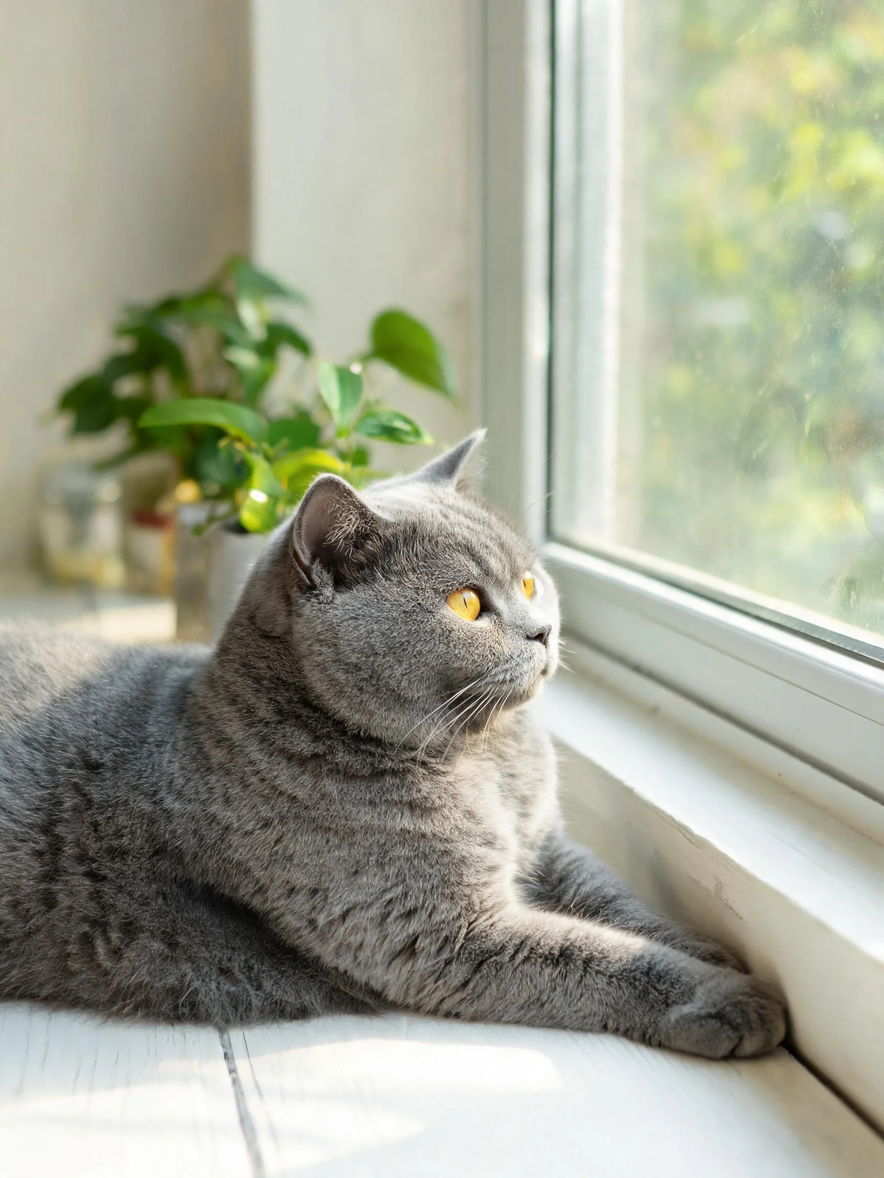 一只英国短毛猫趴在窗台上,浓密的灰色被毛在阳光下显得柔软,松,黄色眼睛明亮清澈。