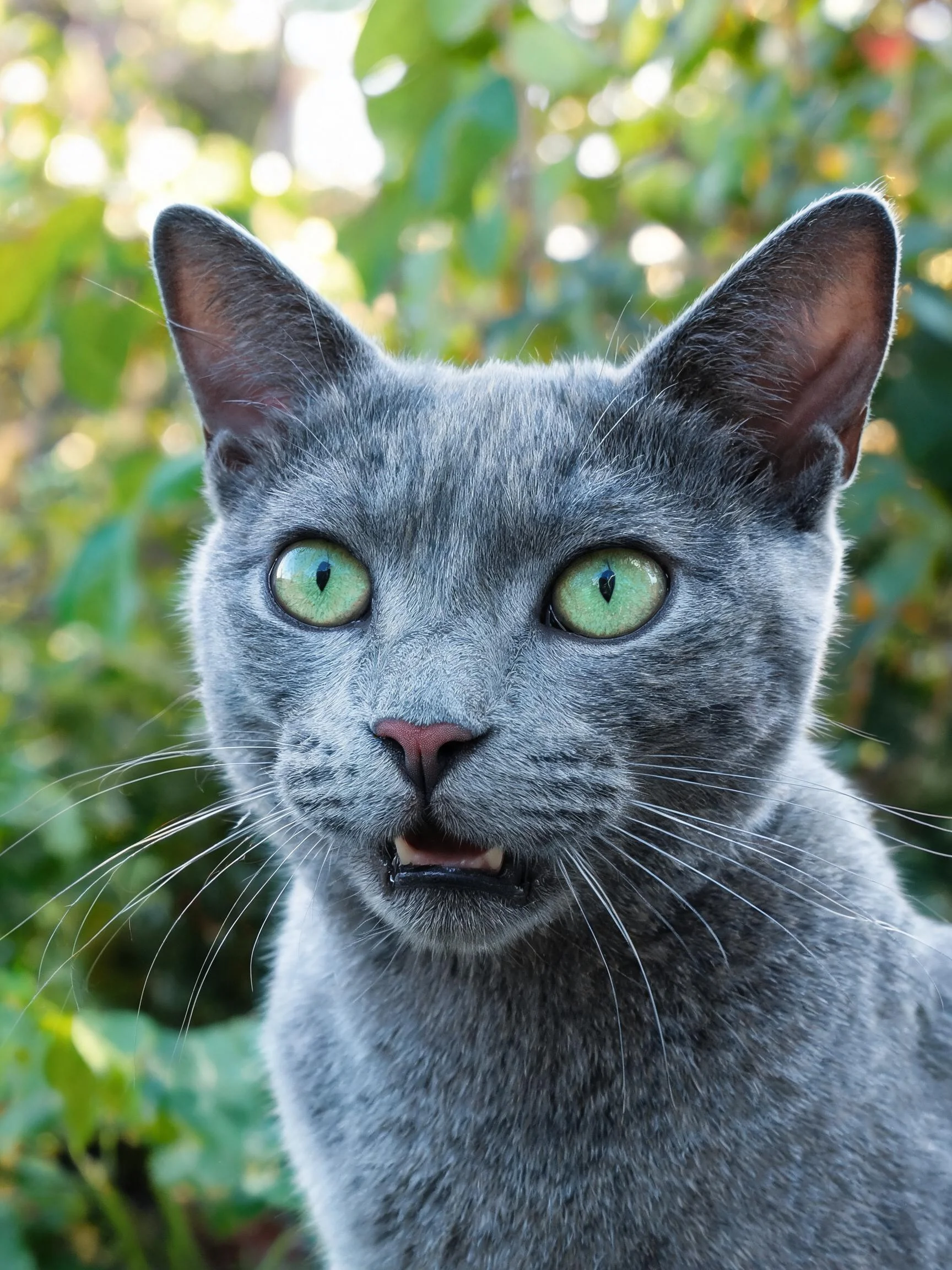 俄罗斯蓝猫有着蓝灰色被毛与翠绿色眼睛,面部胡须清晰可见。