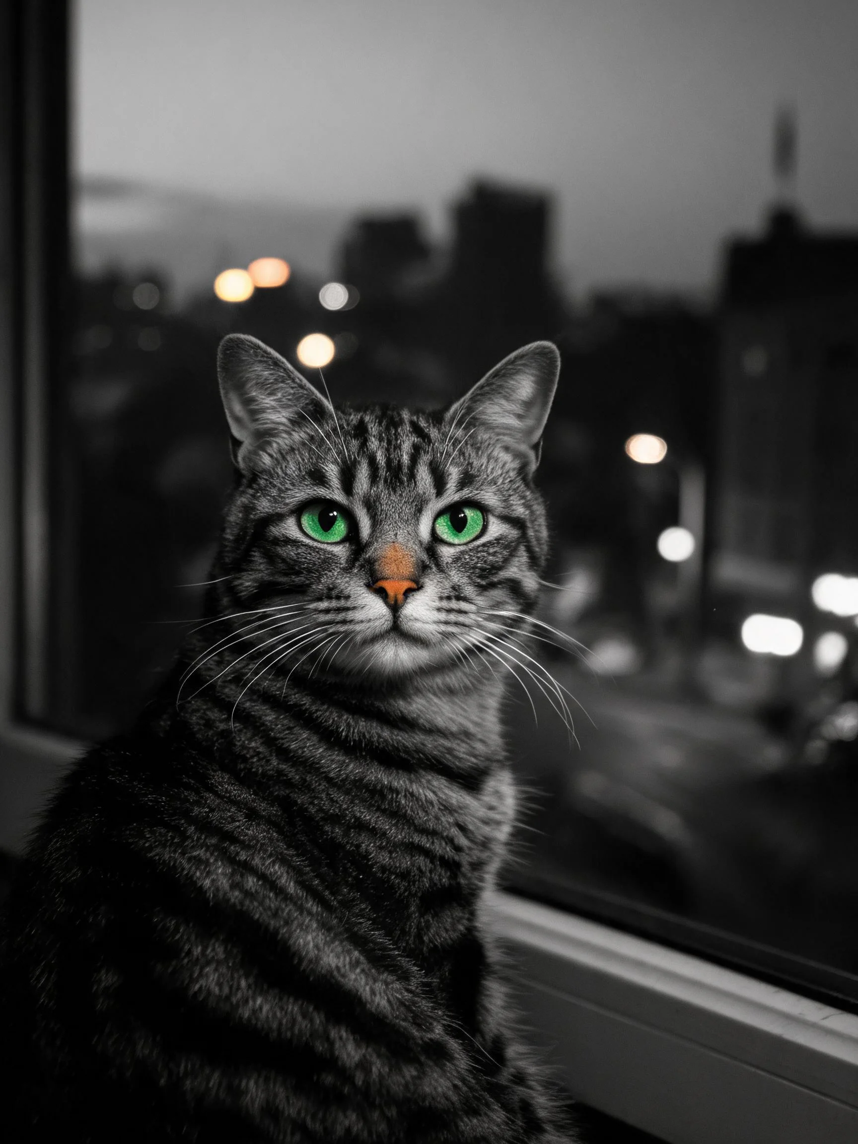 短毛虎斑猫有着绿色眼睛和修长的胡须,安静地坐在窗边凝视镜头。