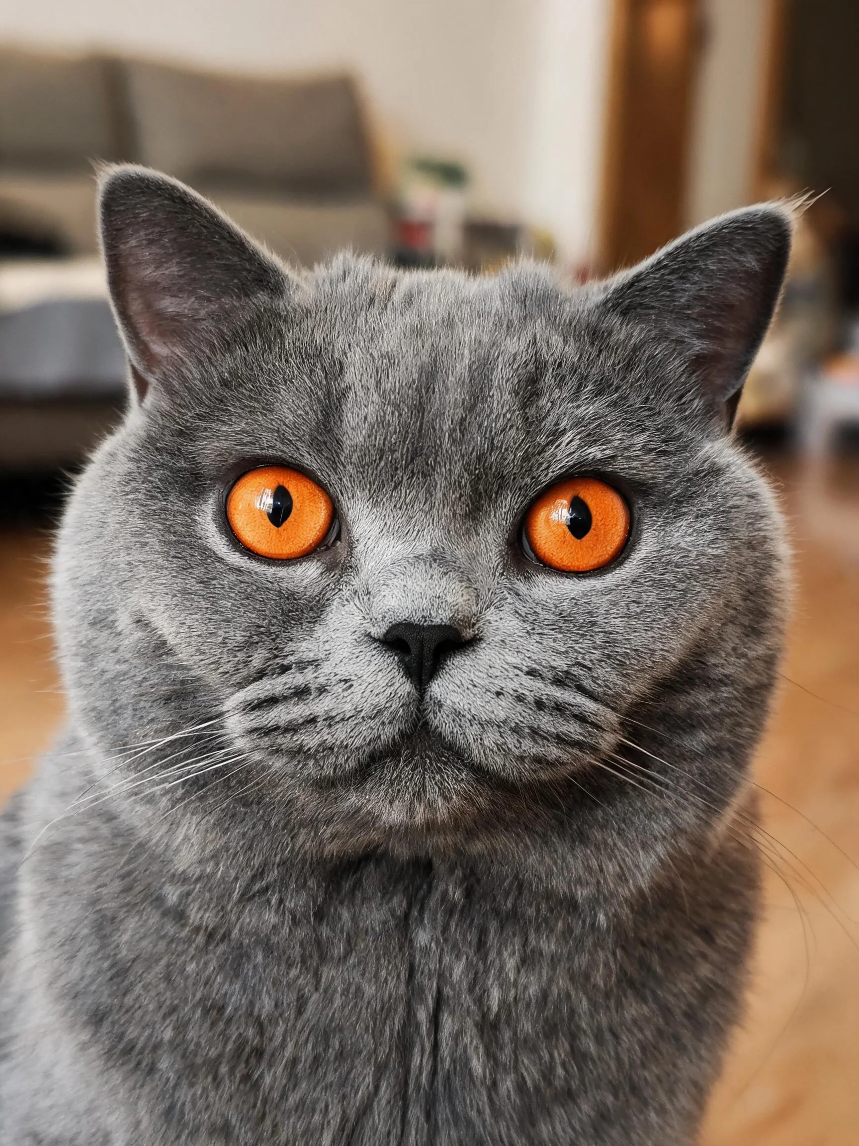 一只英国短毛猫,橙红色眼睛明亮有神,灰色浓密被毛整齐。