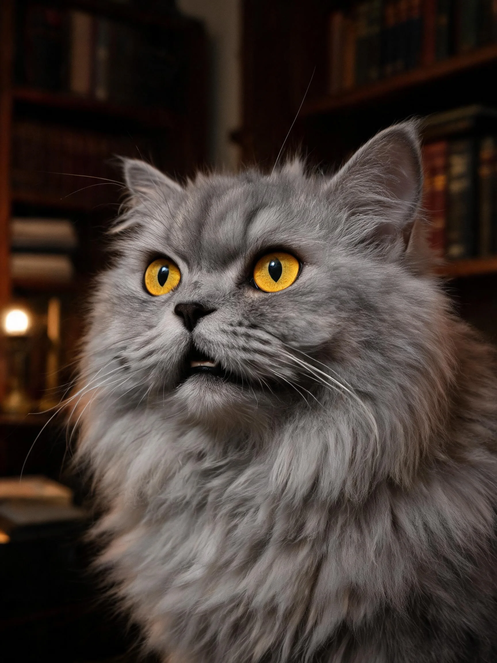 英国长毛猫有着蓬松的浅灰色毛发,明亮的黄色眼睛清晰可见,毛发柔软顺滑。