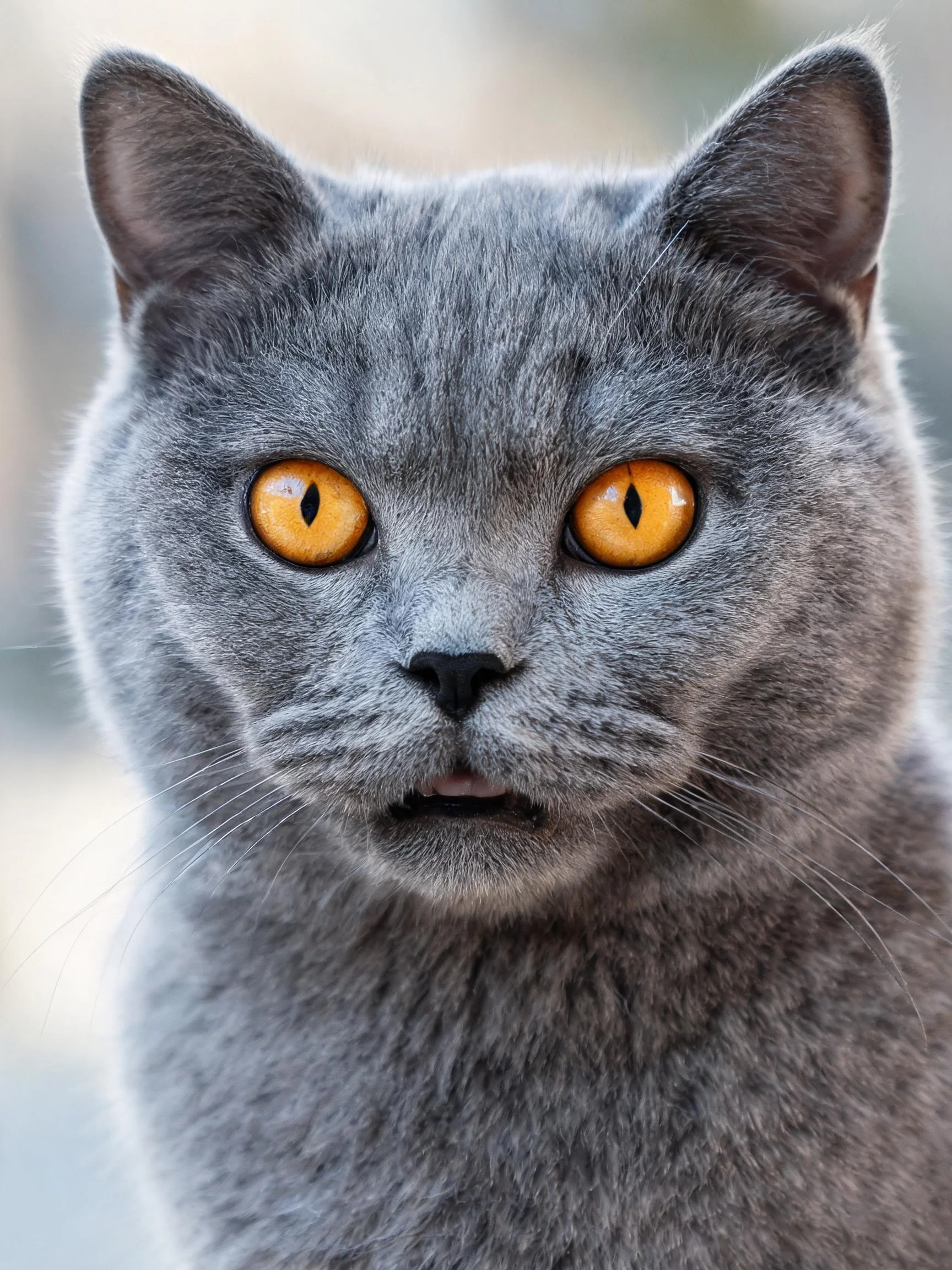 英国短毛猫拥有蓝灰色浓密被毛与亮橙色眼睛,面部结构圆润,处于光线下的特写状态。