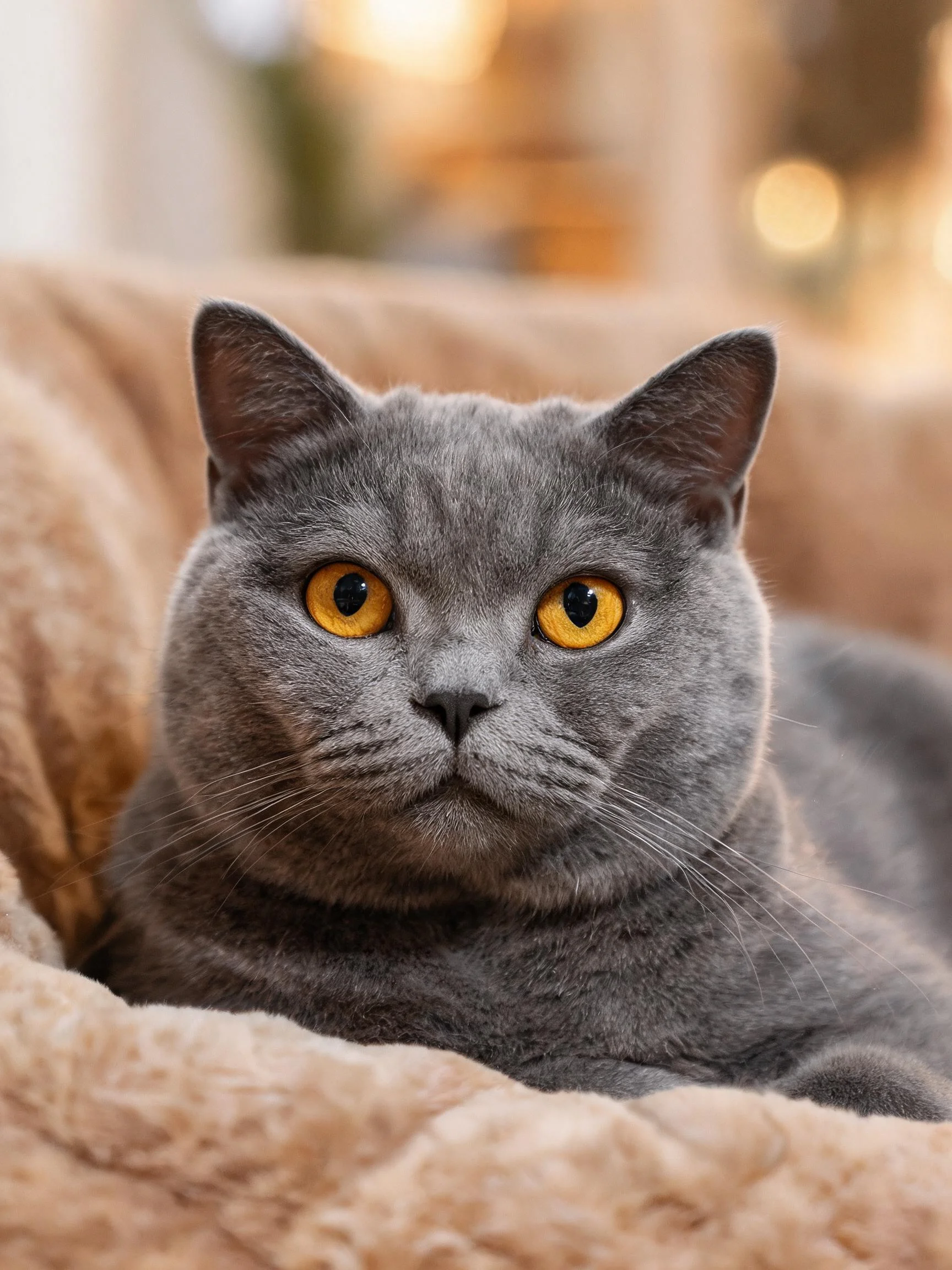 英国短毛猫拥有浓密的灰色被毛和明亮的黄色眼睛,安静地注视着镜头。