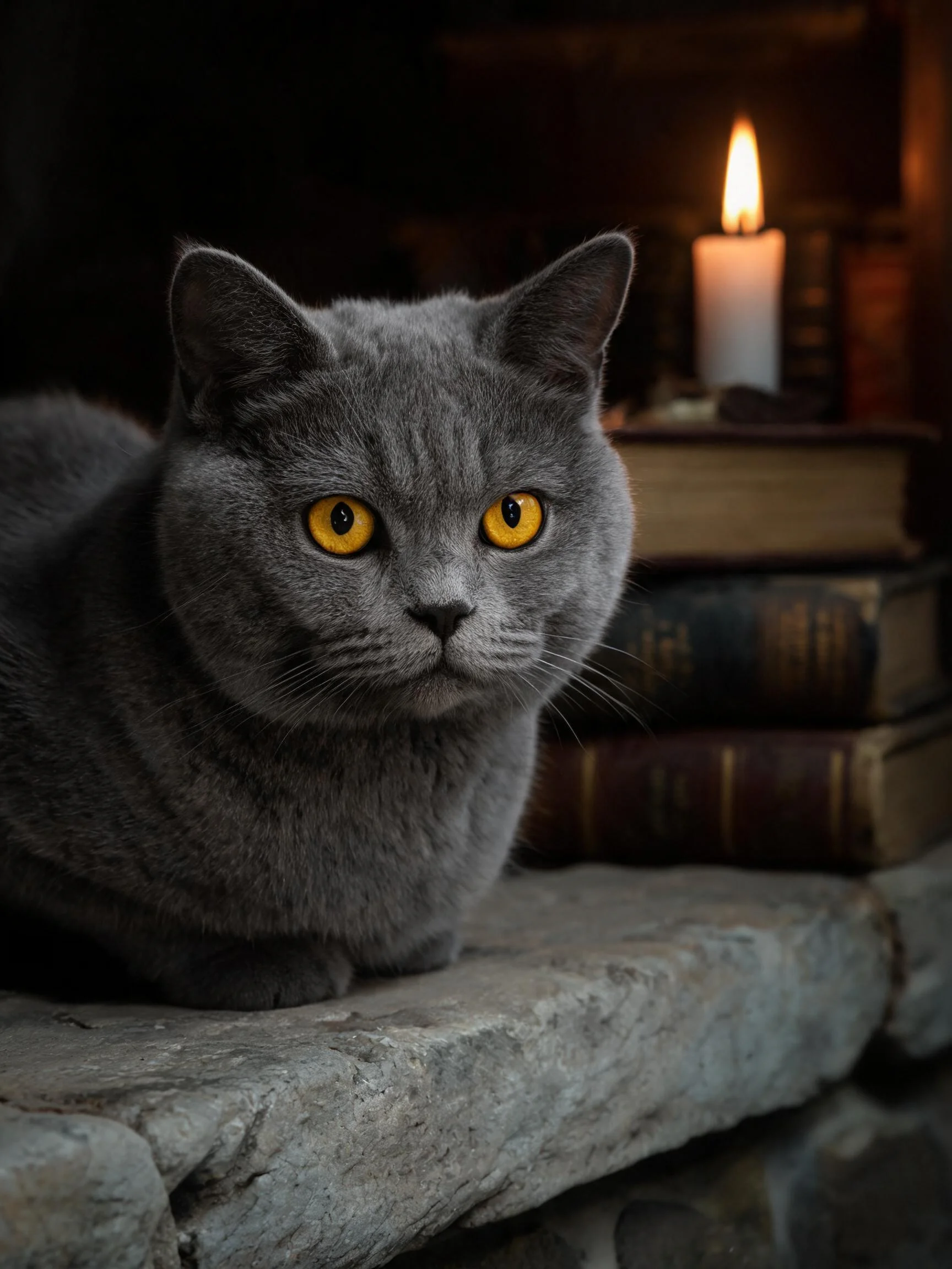 英国短毛猫,亮黄色眼睛,趴在石阶上,周围有旧书和点燃的蜡烛。