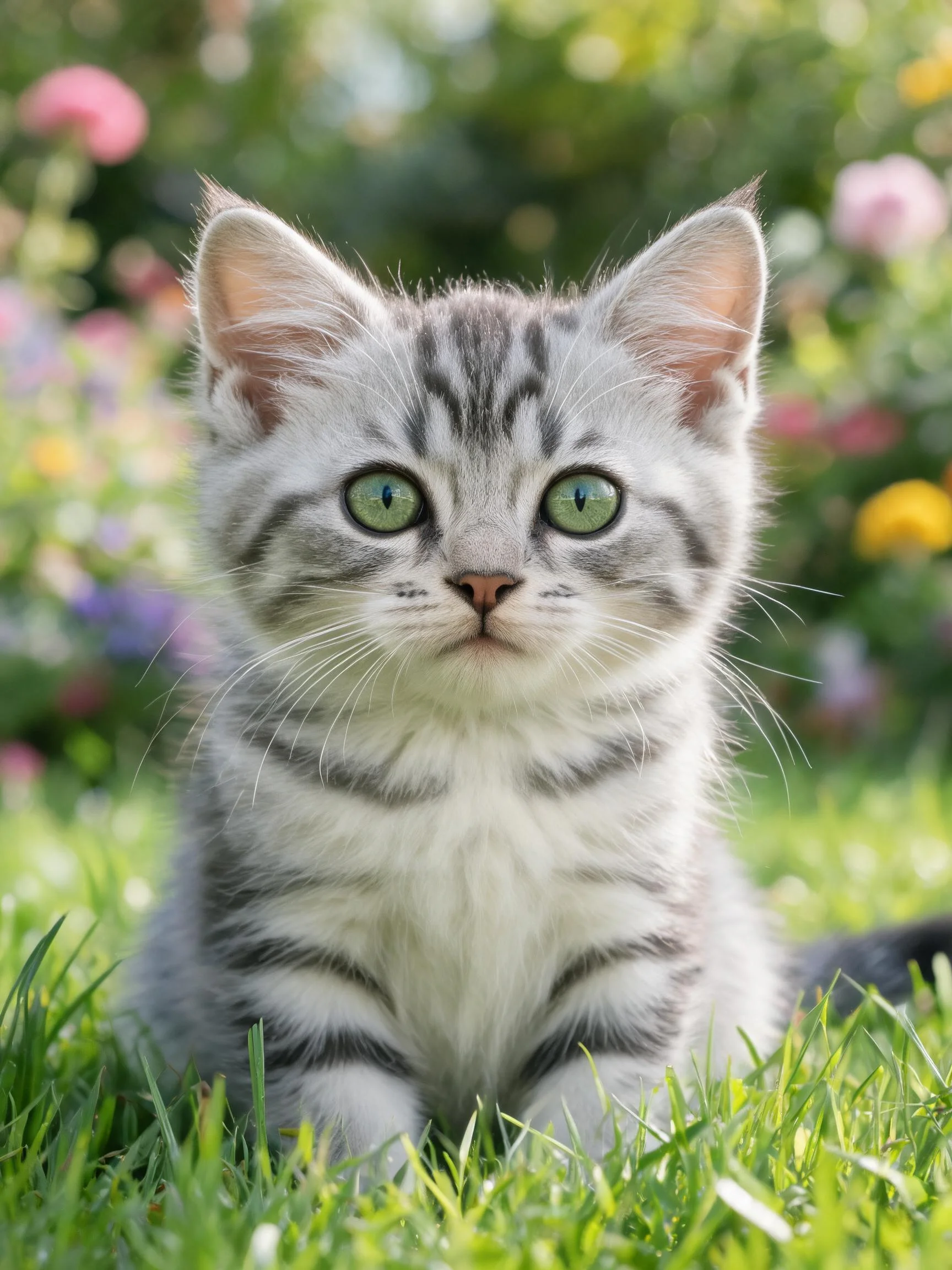 一只银色短毛猫,拥有清晰的银灰条纹和明亮的绿色眼睛,安静地坐在草地上。