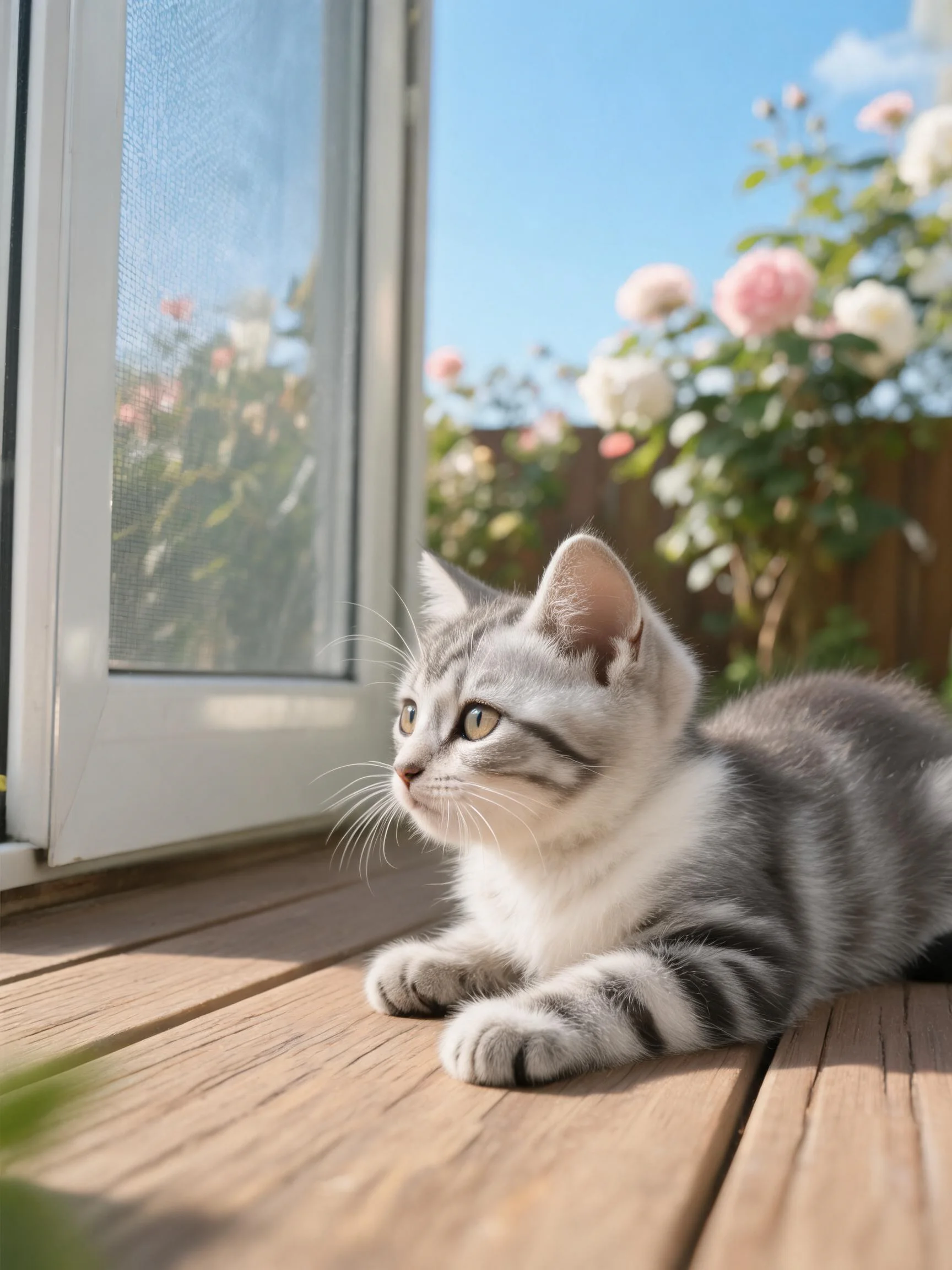 银虎斑短毛猫安静趴卧,灰白虎斑花纹明显,目光投向窗外。