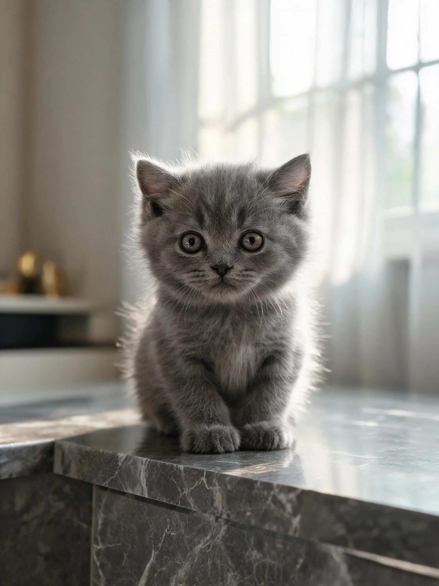 这是一只英国短毛猫,浅灰色蓬松短毛,正安静地坐在大理石台面上,目光直视镜头。