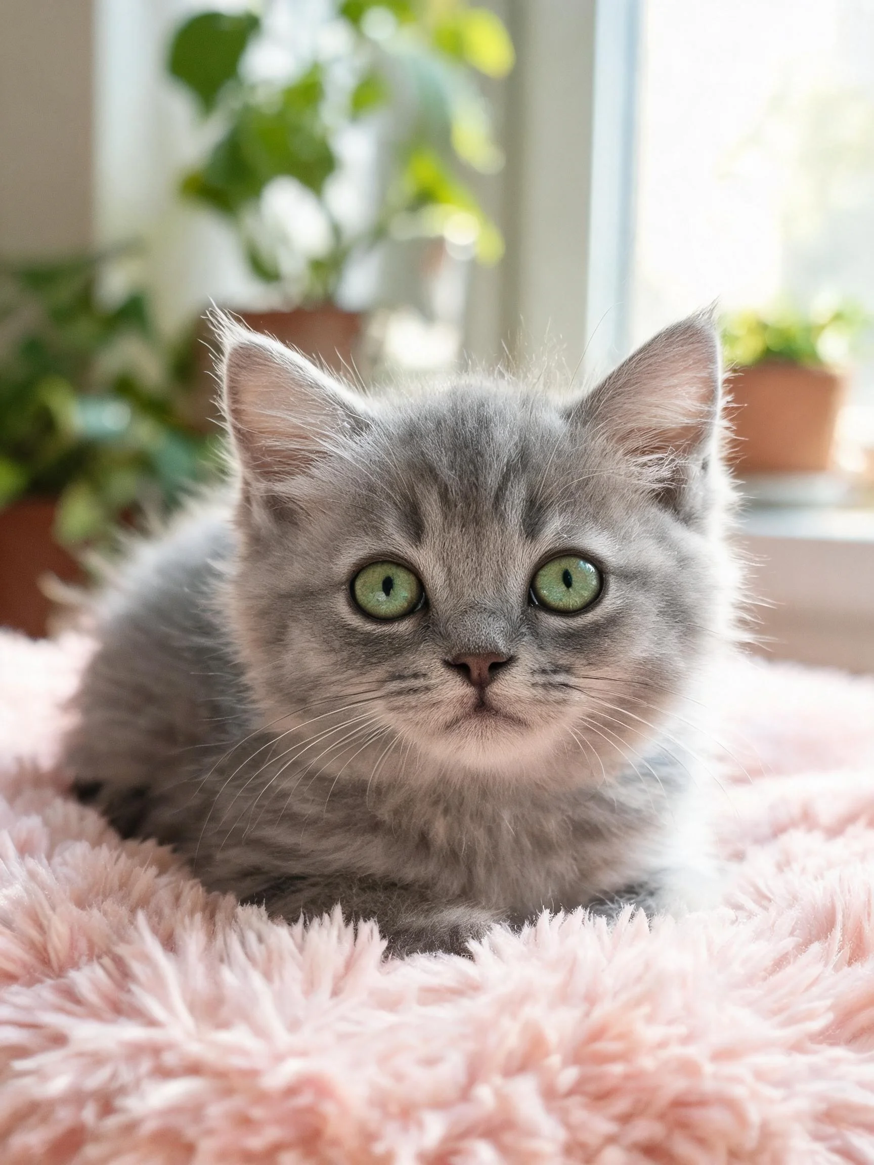 一只灰色英国短毛猫幼崽,有着明亮翠绿色的双眼,安静地趴在粉色绒面上,被毛柔软顺滑。