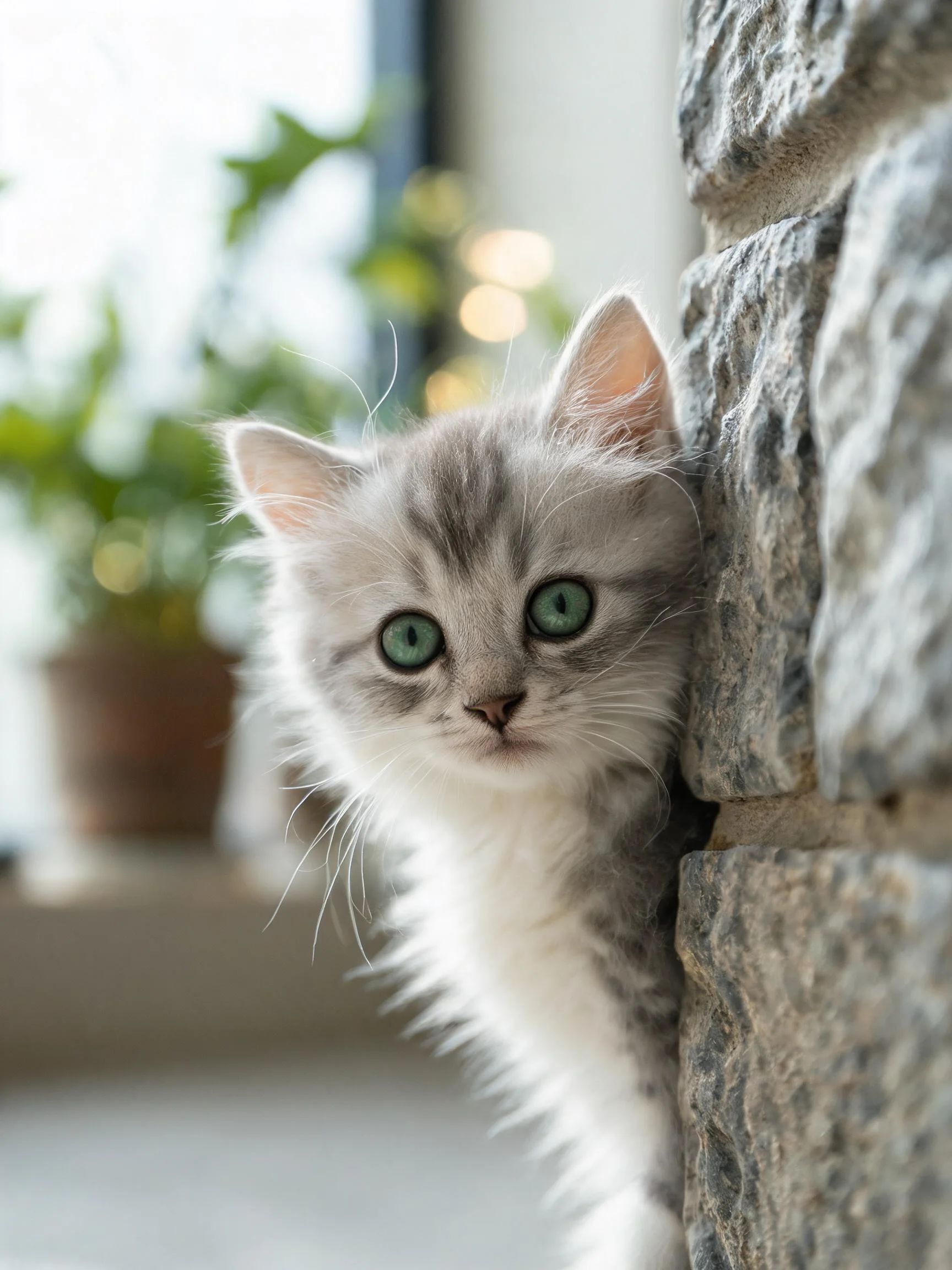 灰白双色长毛小猫有着绿色大眼睛,毛发蓬松柔软贴在石墙旁。