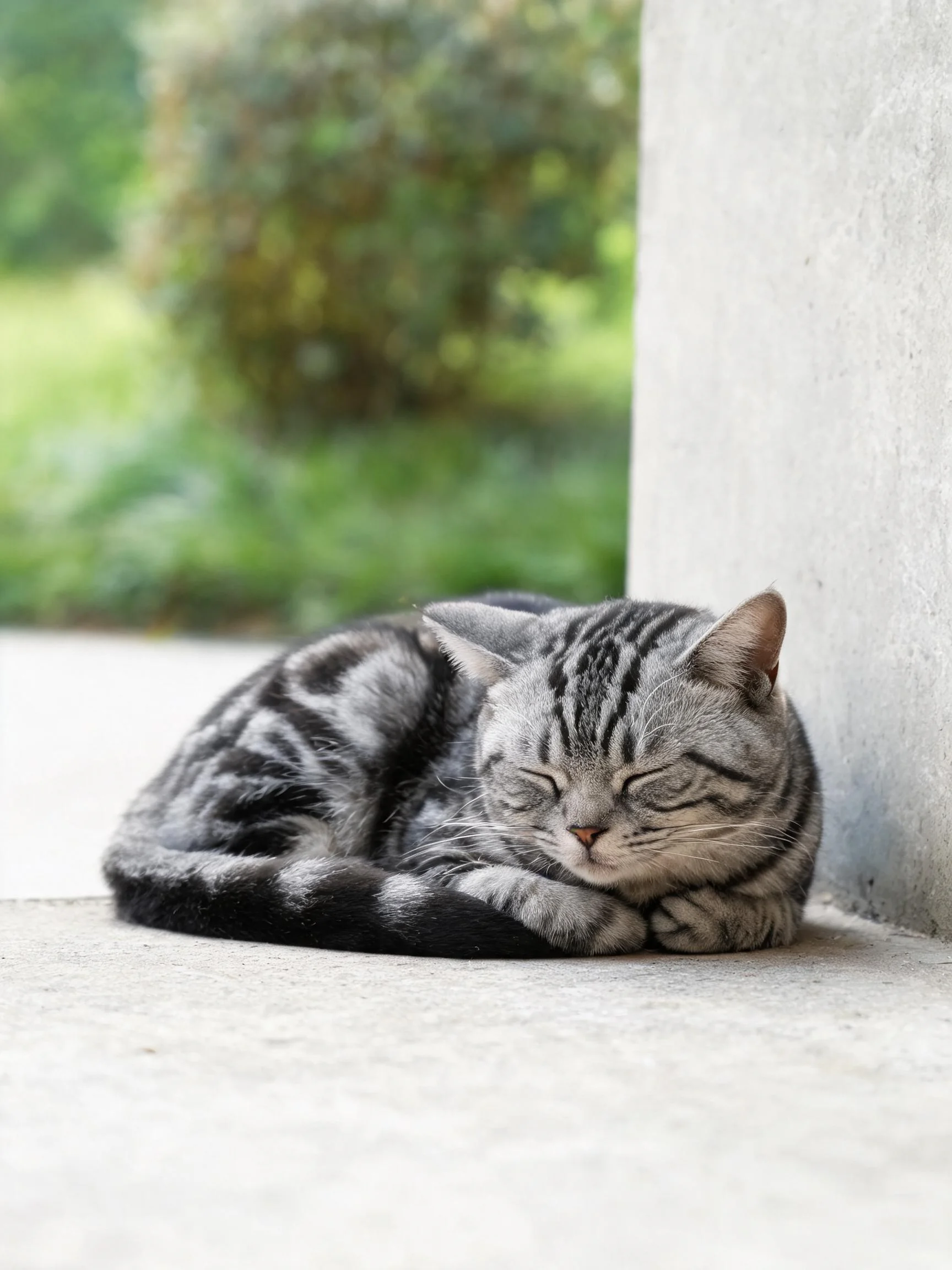 银虎斑短毛猫闭眼蜷卧在水泥地面上,身体呈现典型虎斑纹理。