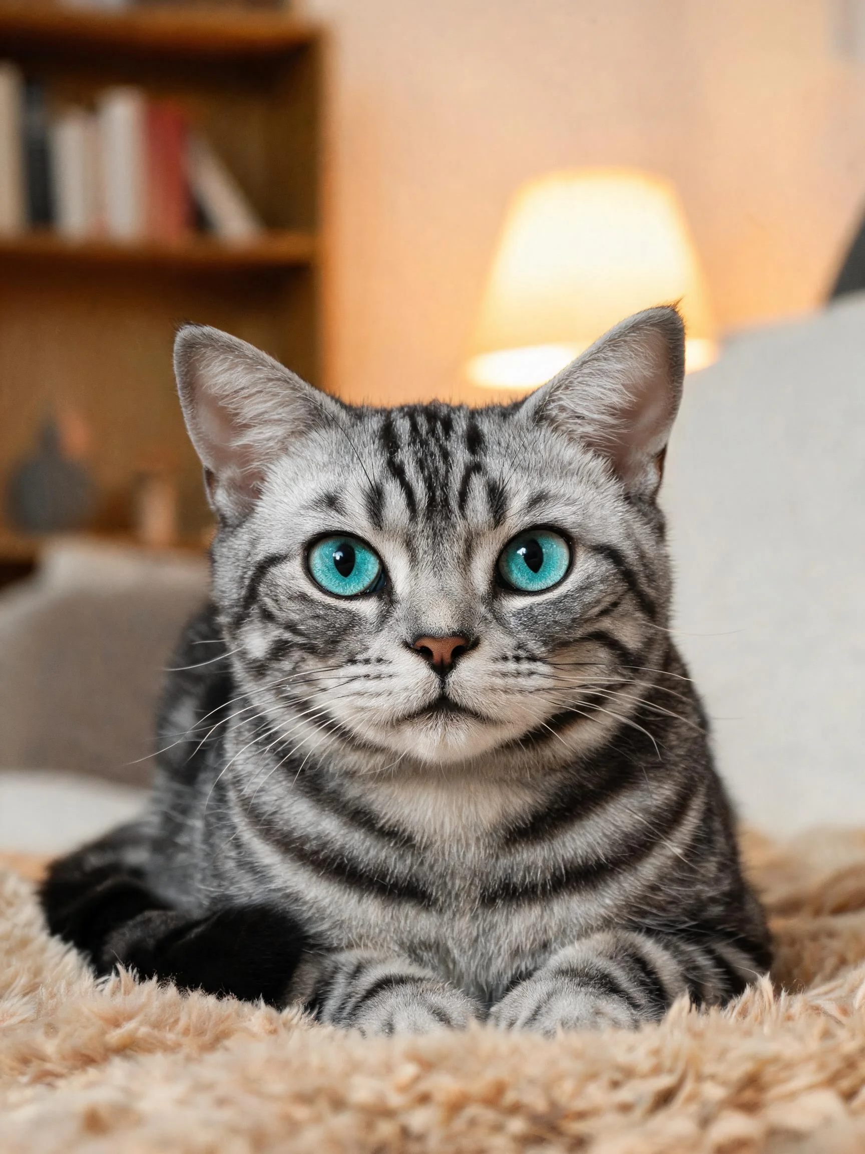 银色虎斑短毛猫趴在柔软毯子上,拥有清晰条纹和明亮的蓝绿色眼睛。