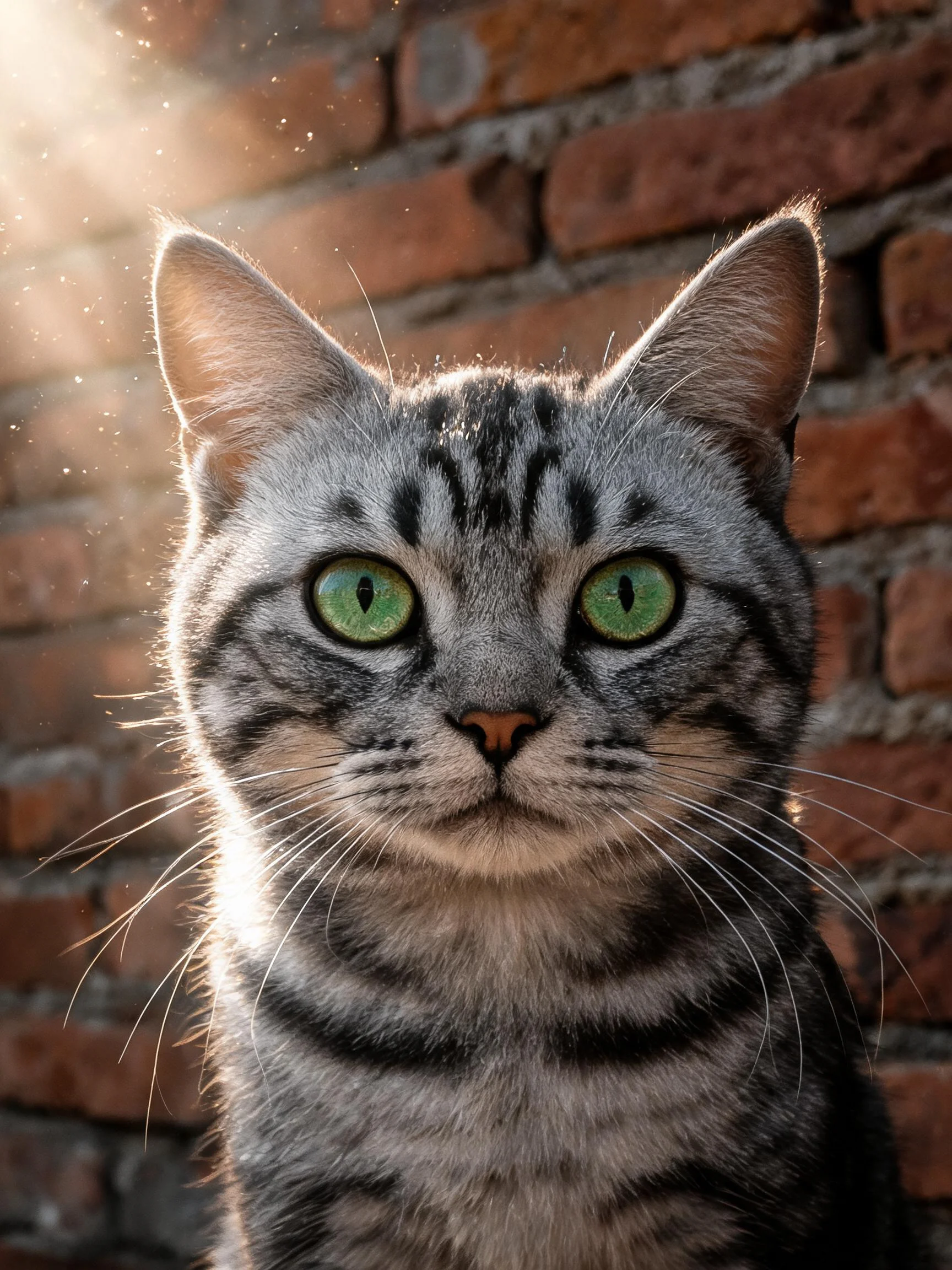 银色虎斑短毛猫有着明亮的绿色眼睛,皮毛呈现出清晰的虎斑纹理。