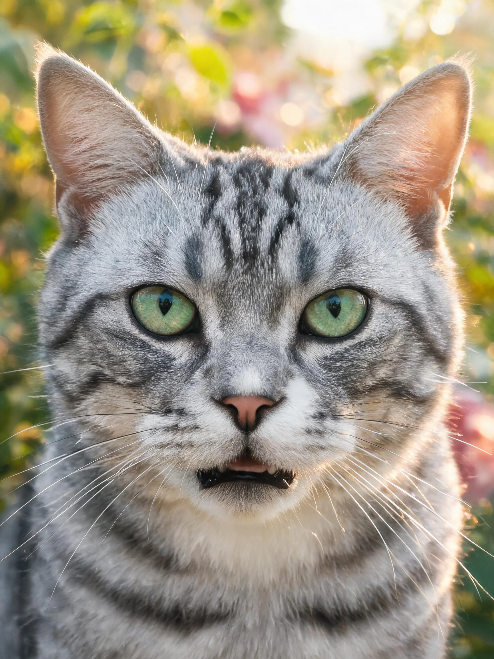 银色虎斑猫以正视镜头的姿态呈现,其翠绿色的眼睛明亮有神,银灰与黑色的虎斑纹理清晰可见。