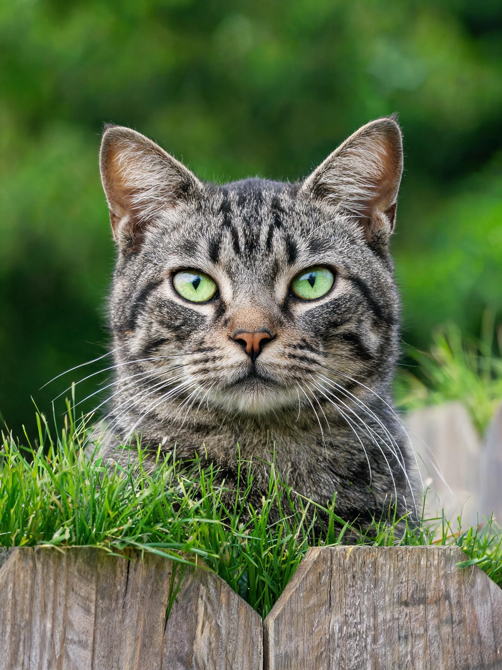 短毛虎斑猫有着带有条纹的灰褐色被毛和明亮绿色的眼睛,正从木栅栏后探身查看。
