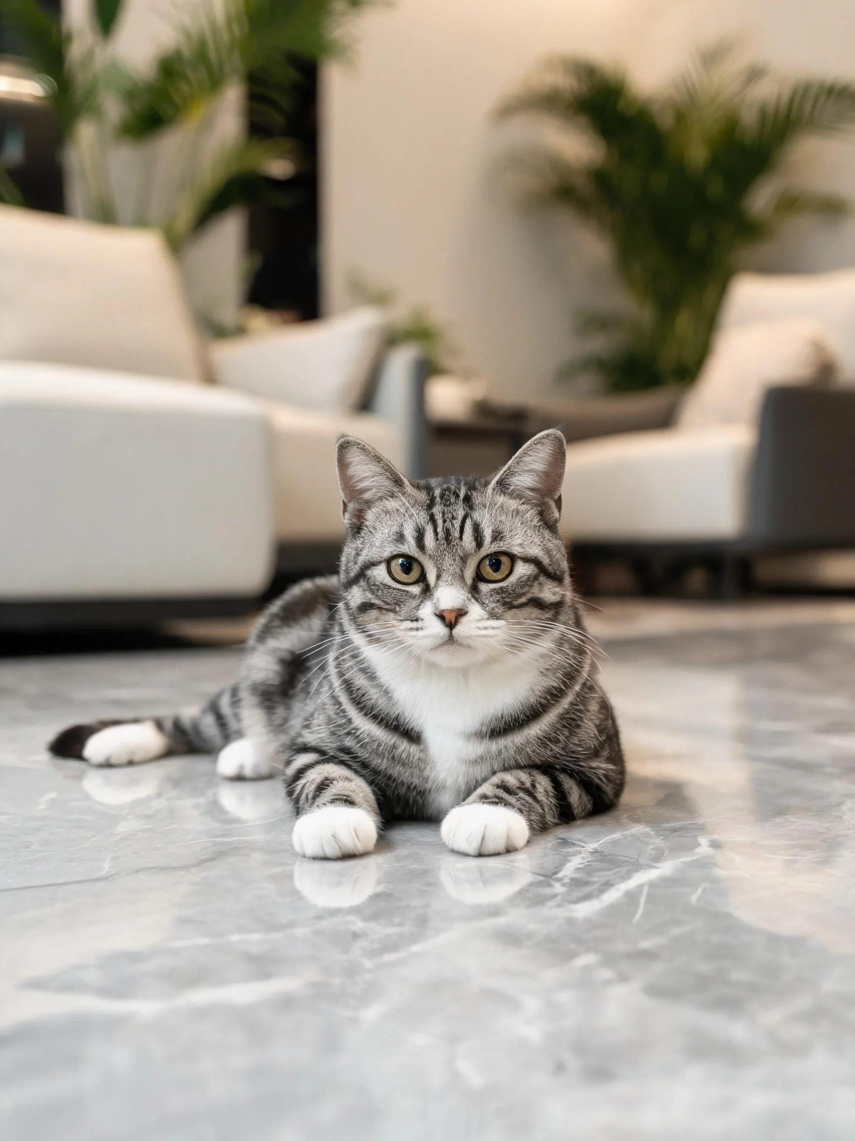 短毛虎斑猫安静趴在大理石地面上,双眼明亮注视前方,灰黑条纹与白色毛发清晰分明。