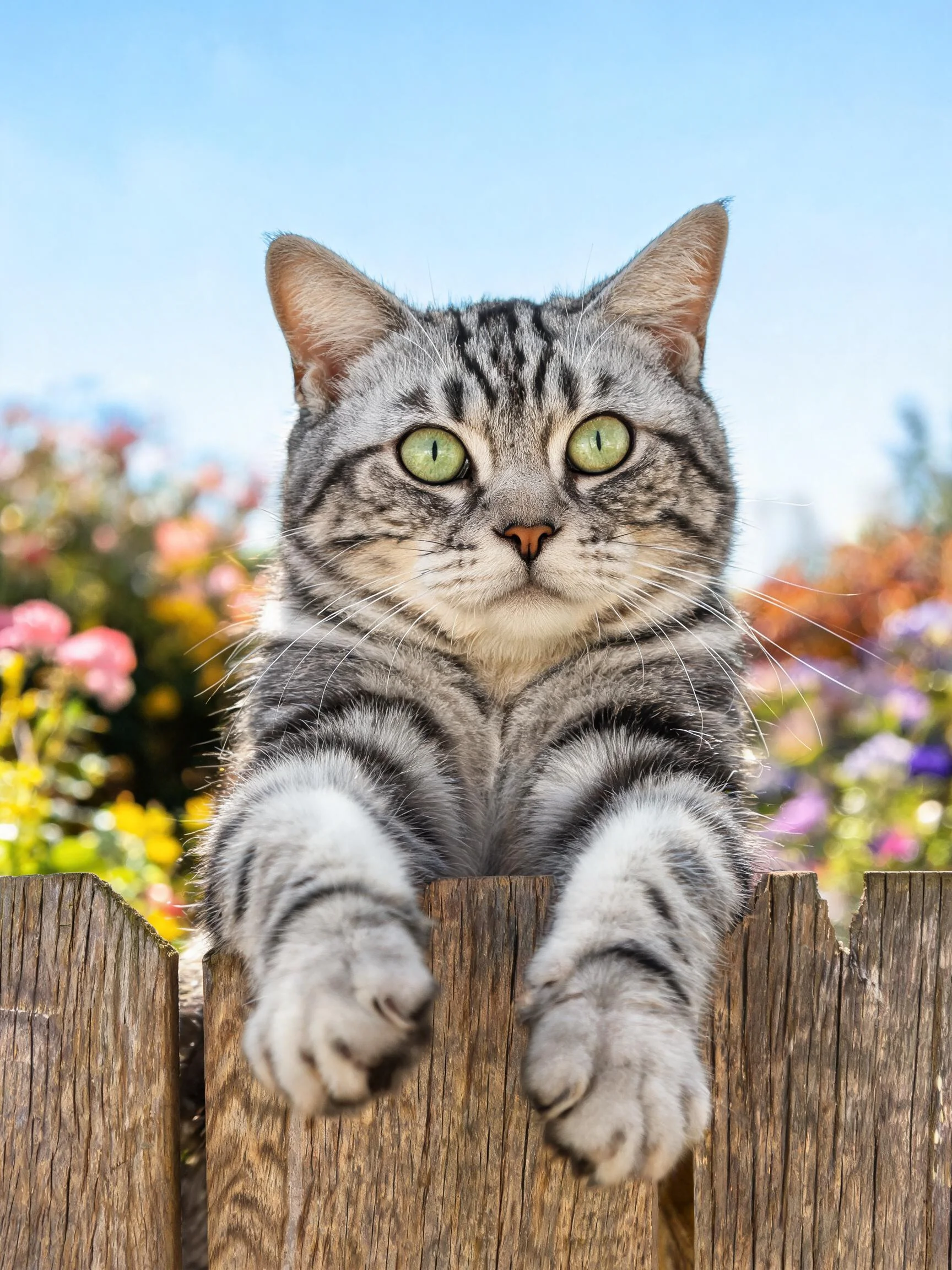 银虎斑短毛猫以绿色眼睛注视镜头，前爪搭在木栅栏上，皮毛呈现银灰带黑条纹特征。
