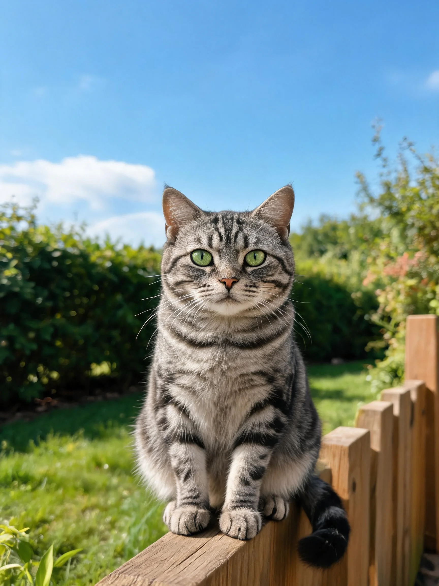 银虎斑短毛猫有着清晰的黑色条纹和明亮的绿色眼睛，正安静地坐在木栅栏上观察周围环境。