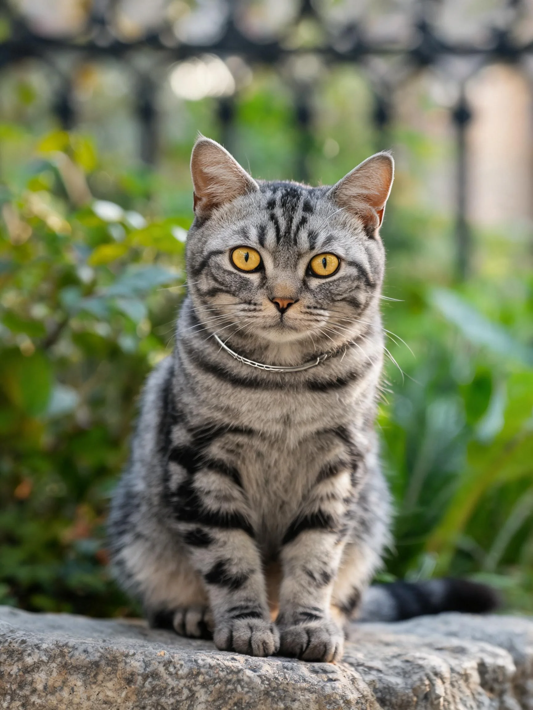 银色虎斑短毛猫拥有明亮黄色眼睛,安静地坐在石块上注视镜头。