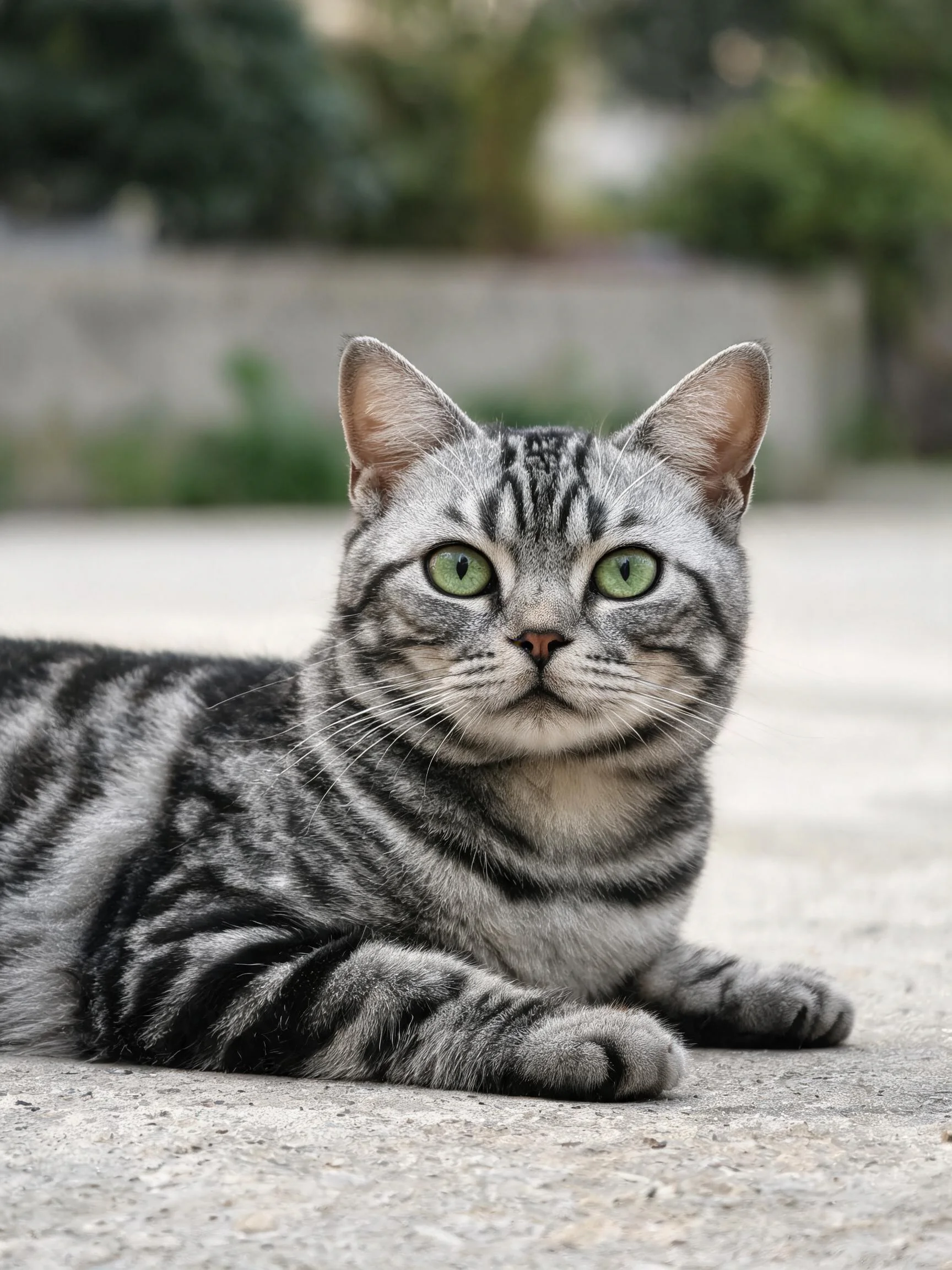 银色虎斑短毛猫有着绿色眼睛,黑色的条纹清晰分布在浅灰色皮毛上。