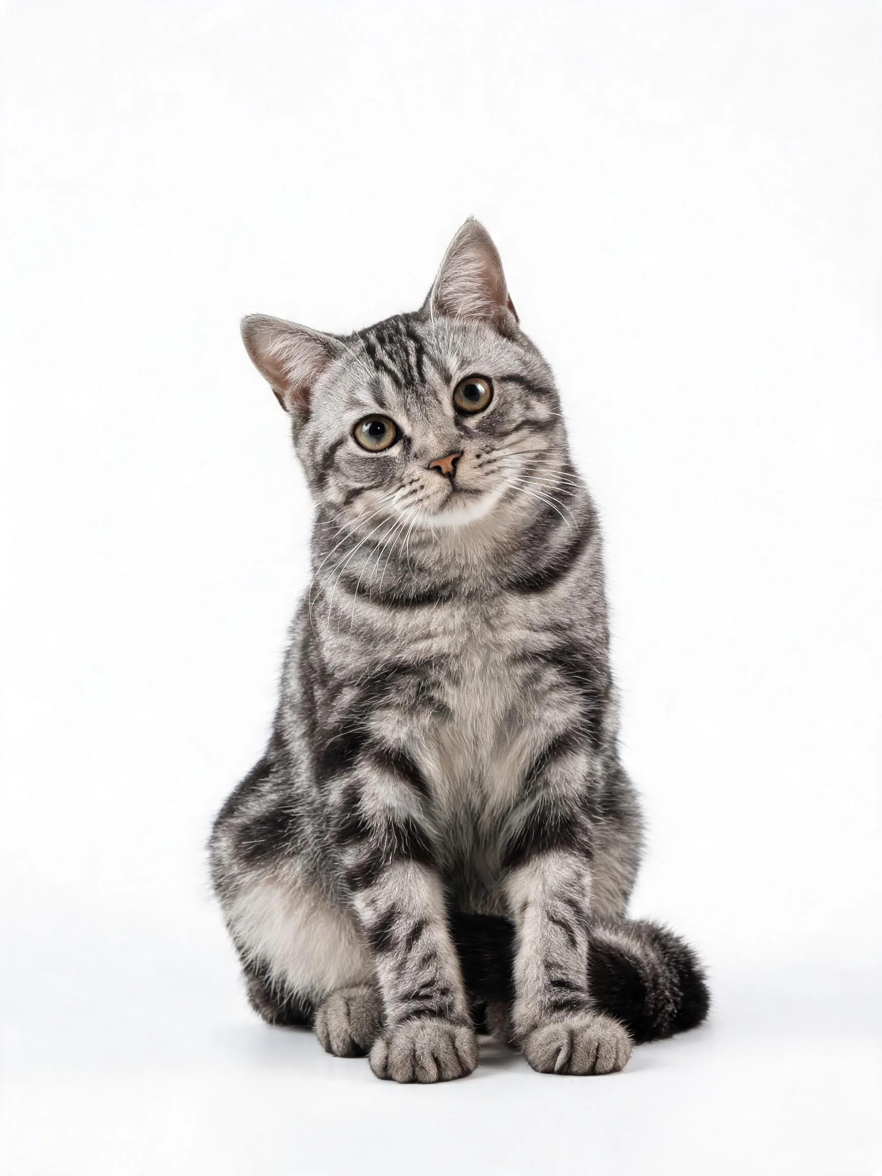 银虎斑短毛猫正安静地坐着，眼睛明亮，虎斑花纹清晰可见。