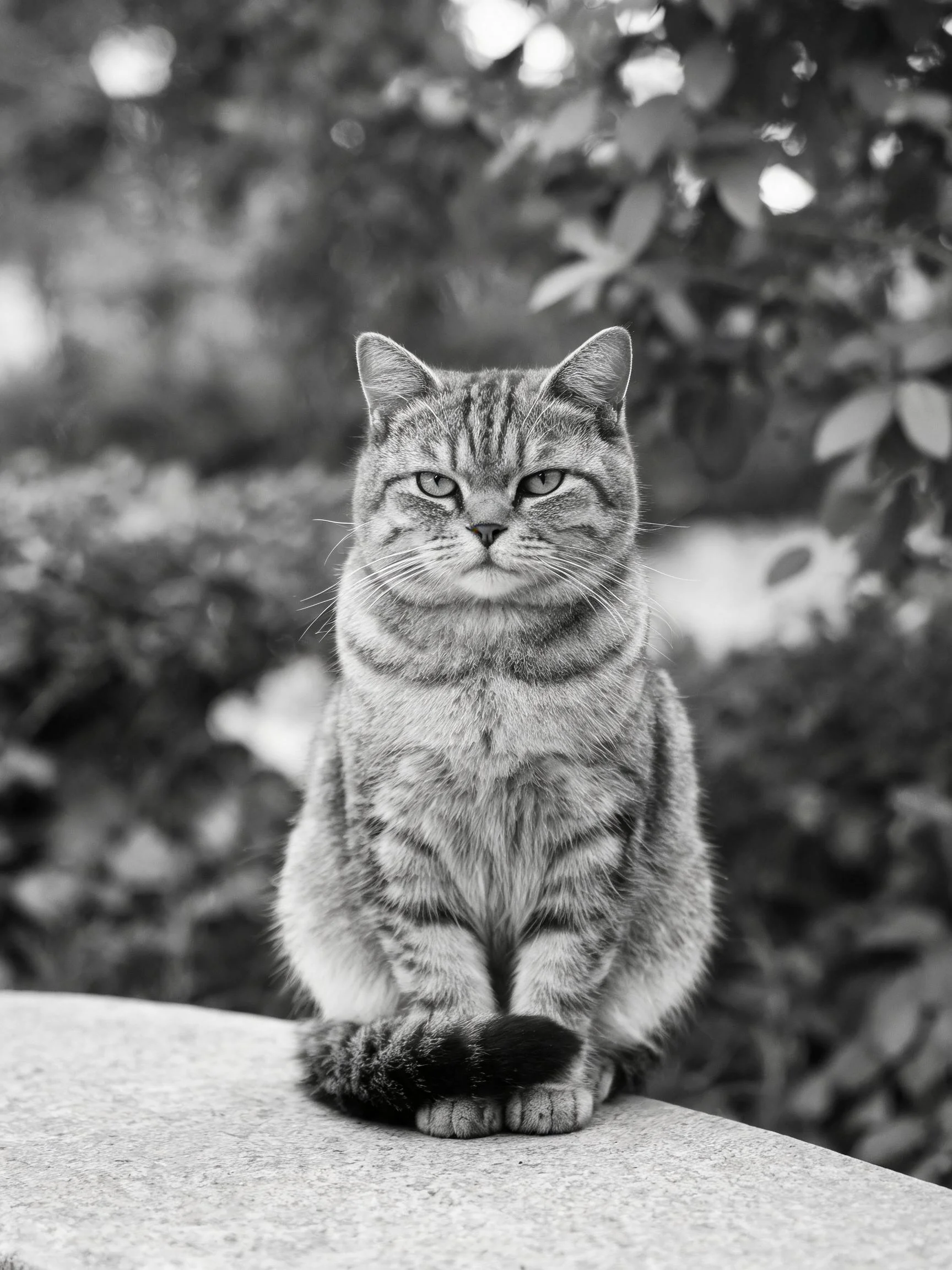 端坐在石面上的短毛虎斑猫，有着清晰的虎斑纹路与圆润身形。