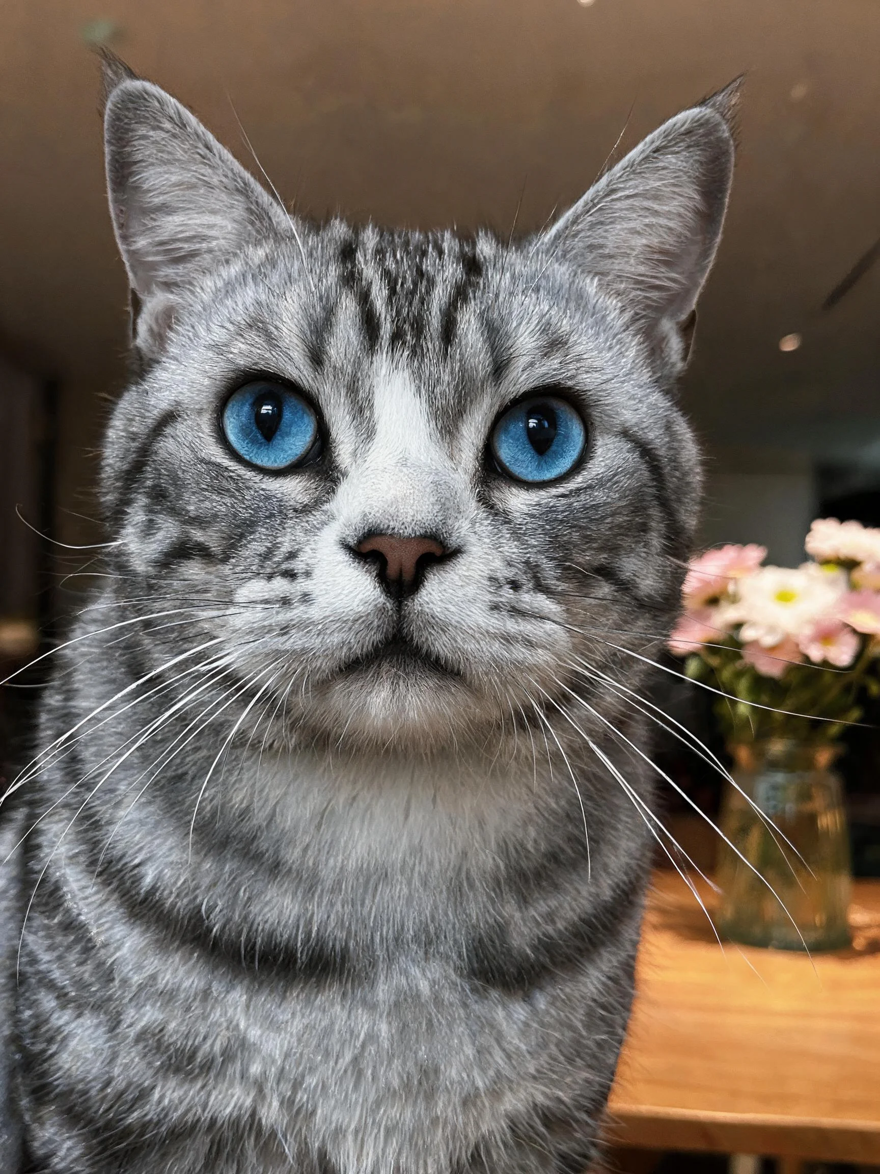 银虎斑短毛猫有着清澈的蓝色眼睛和带有黑色条纹的银灰色被毛。