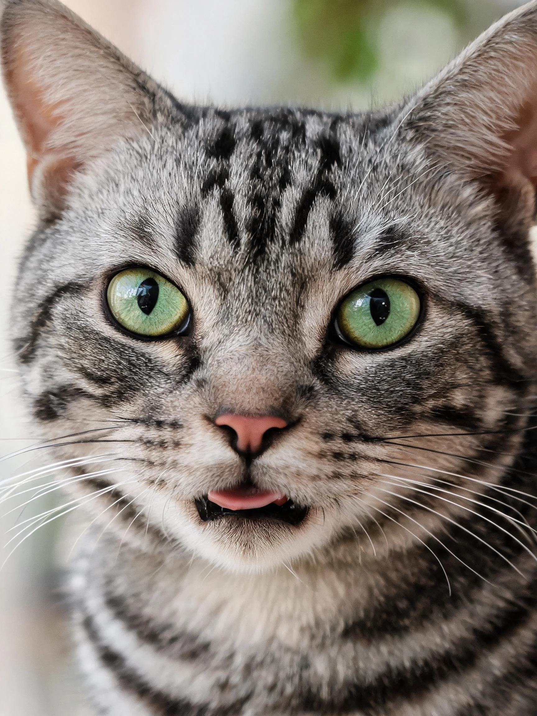 银色虎斑短毛猫拥有明亮的绿色眼睛和带有黑色条纹的银灰色皮毛,嘴巴微张露出一点舌头。