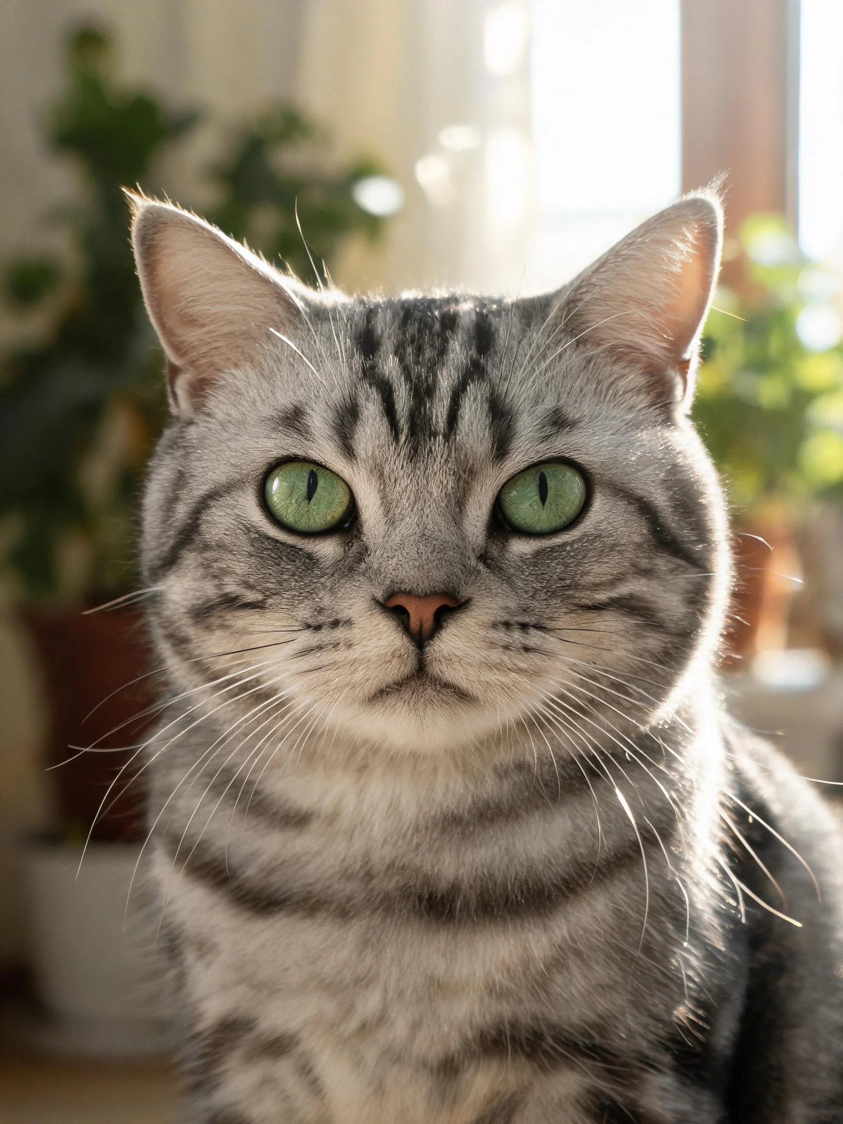 银色经典短毛猫有着明亮绿色眼睛和清晰银灰条纹毛发。