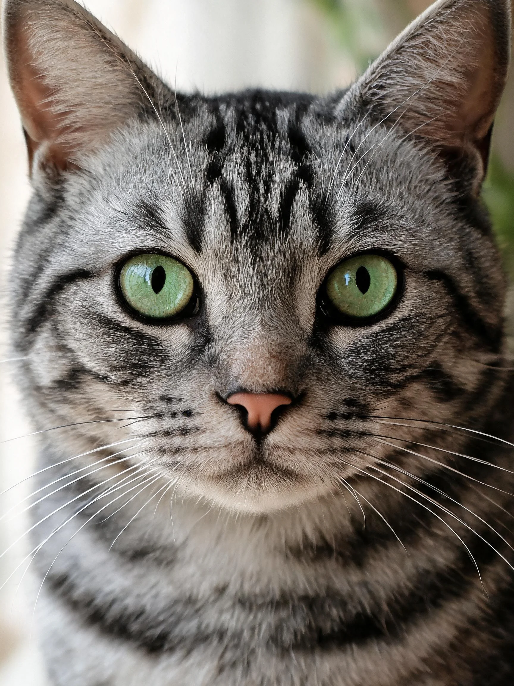 银色虎斑美国短毛猫,绿色眼睛明亮清澈,短而浓密的毛发清晰可见。