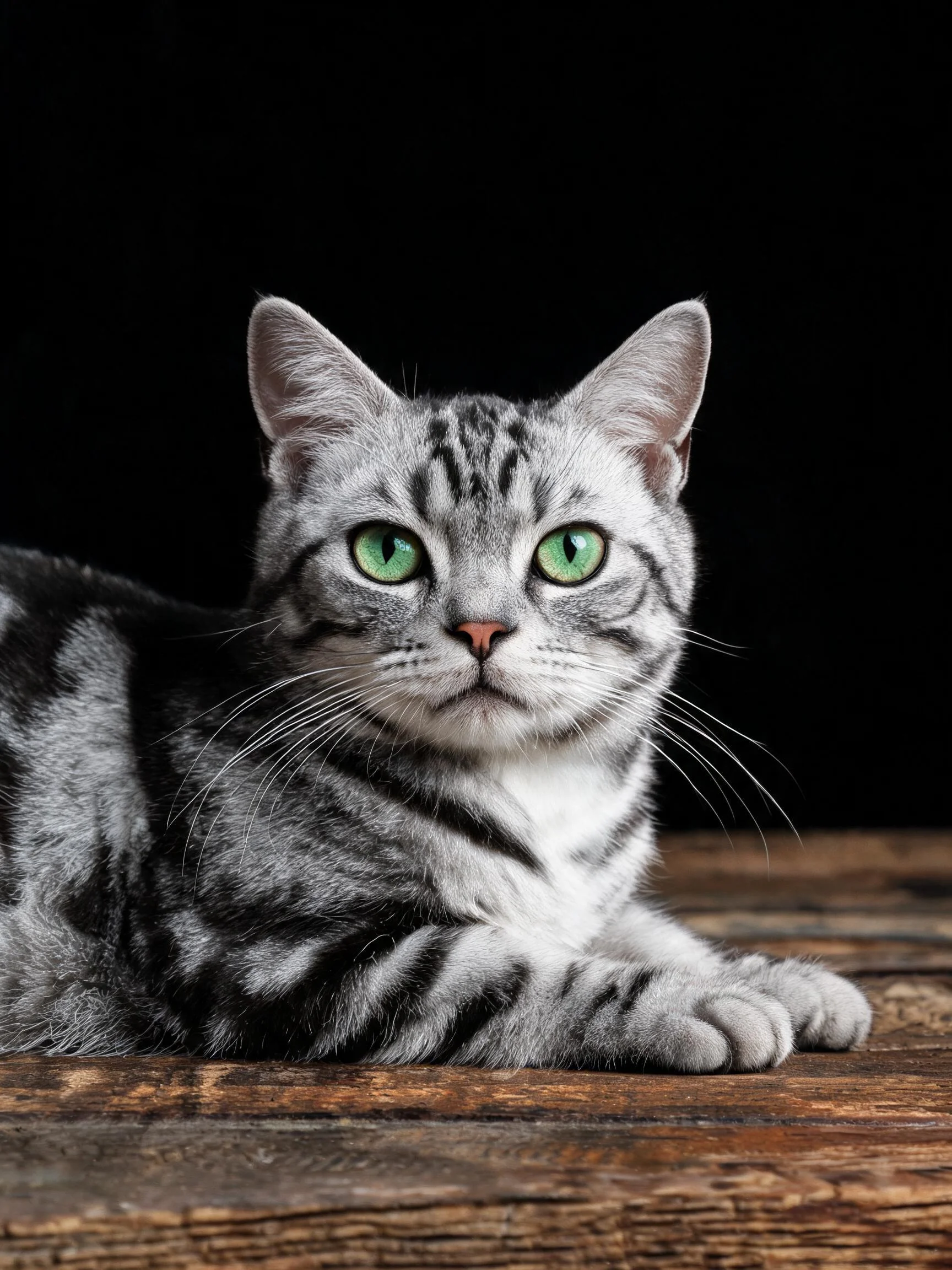 银色虎斑美国短毛猫有着明亮的绿色眼睛和清晰的虎斑纹理,正安静地趴在木质表面上。