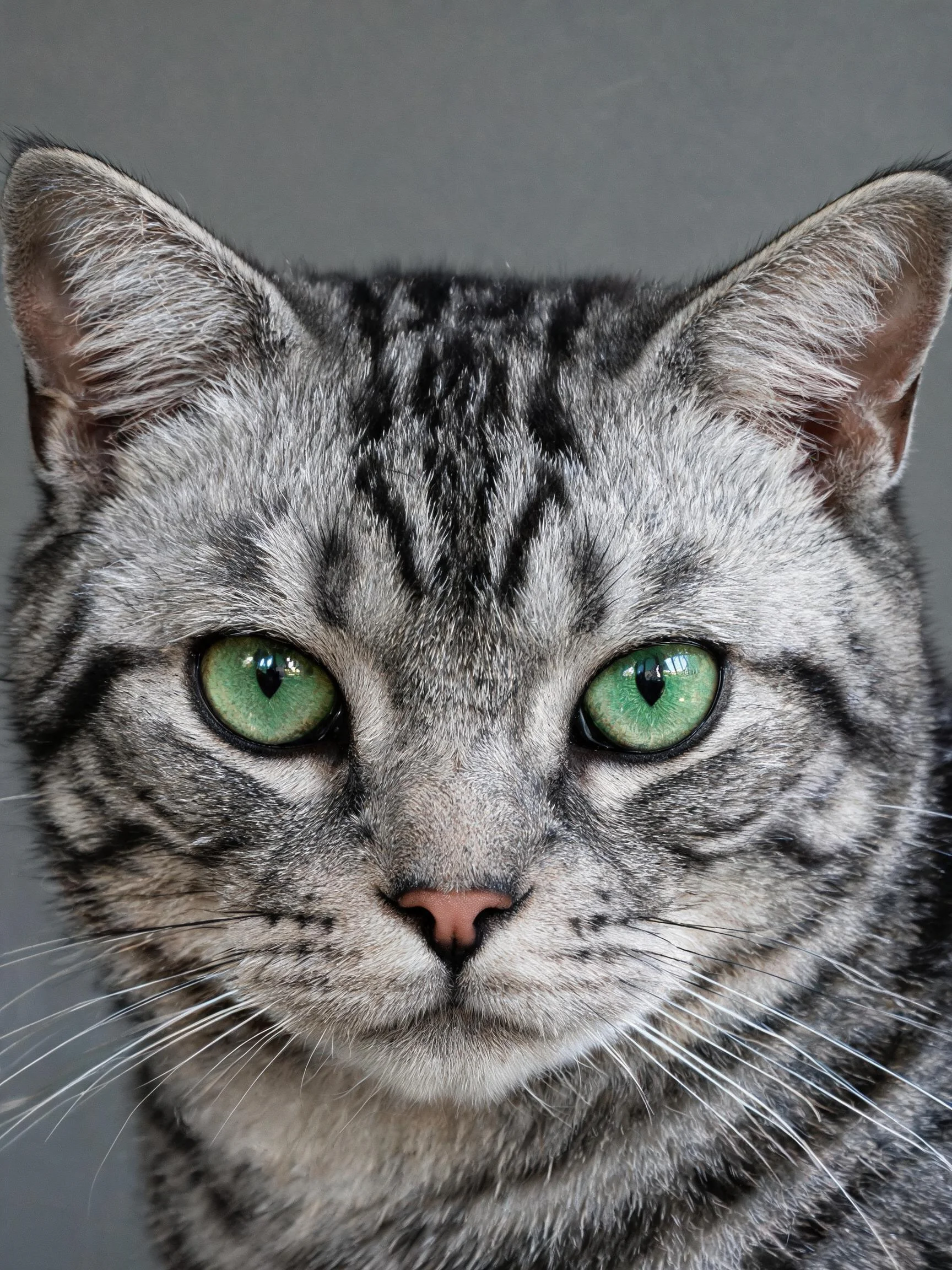 一只银色虎斑猫,有着清澈的绿色眼睛和独特的条纹毛发,目光正视镜头。
