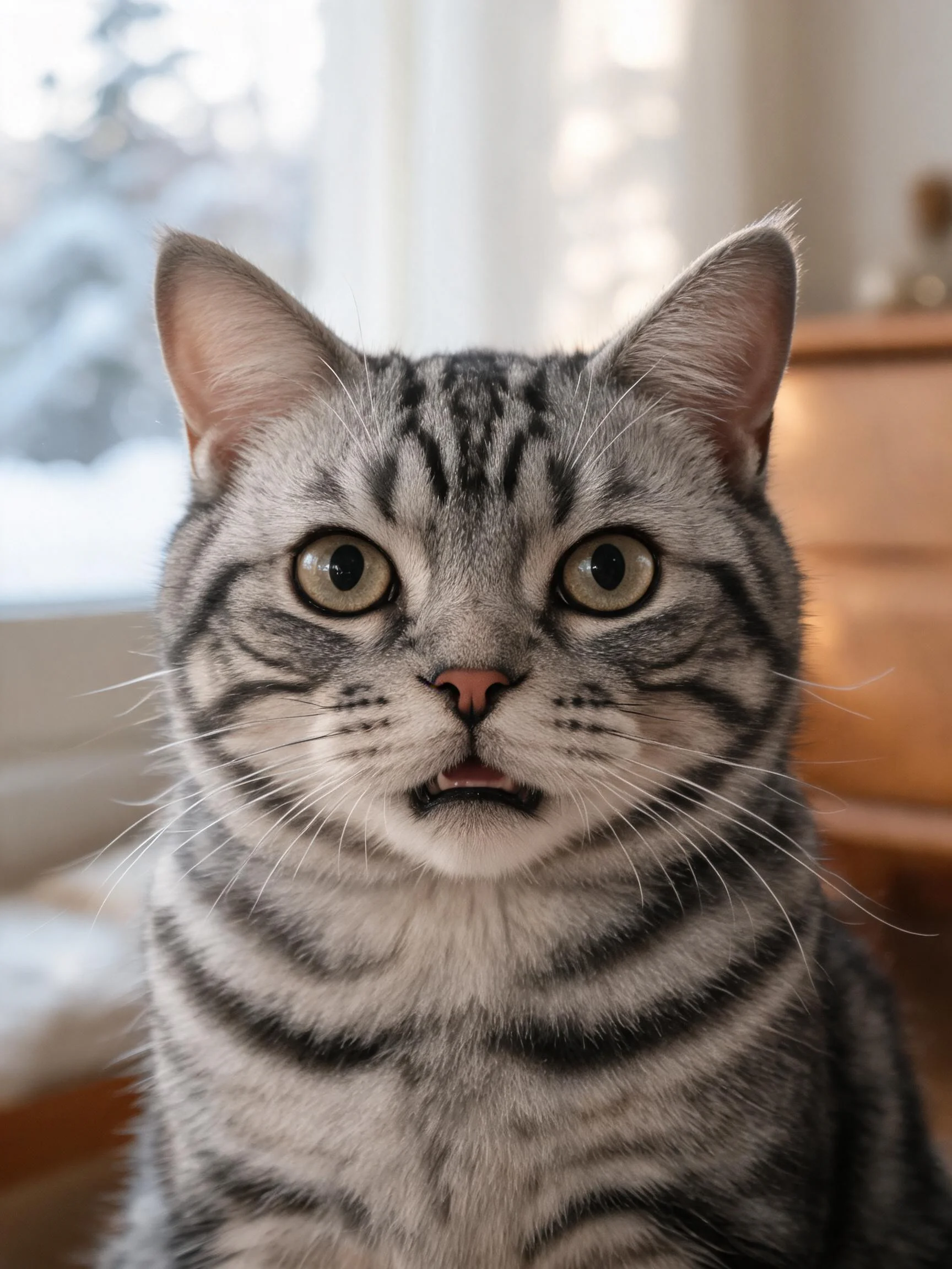 一只银色虎斑短毛猫,拥有清晰的虎斑纹理和浅绿色眼睛,正专注地注视着镜头。