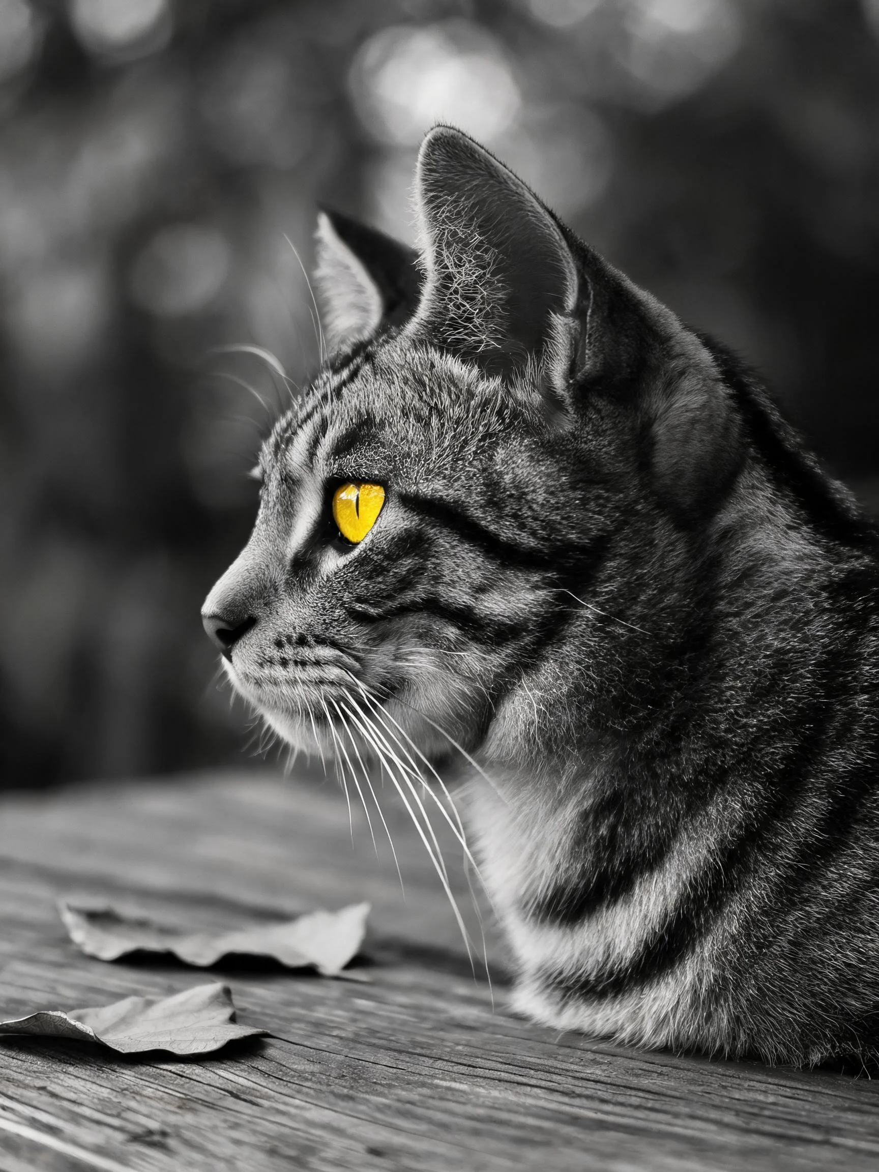 短毛虎斑猫有着黄色的眼睛,正安静地趴在木质平台上观察。