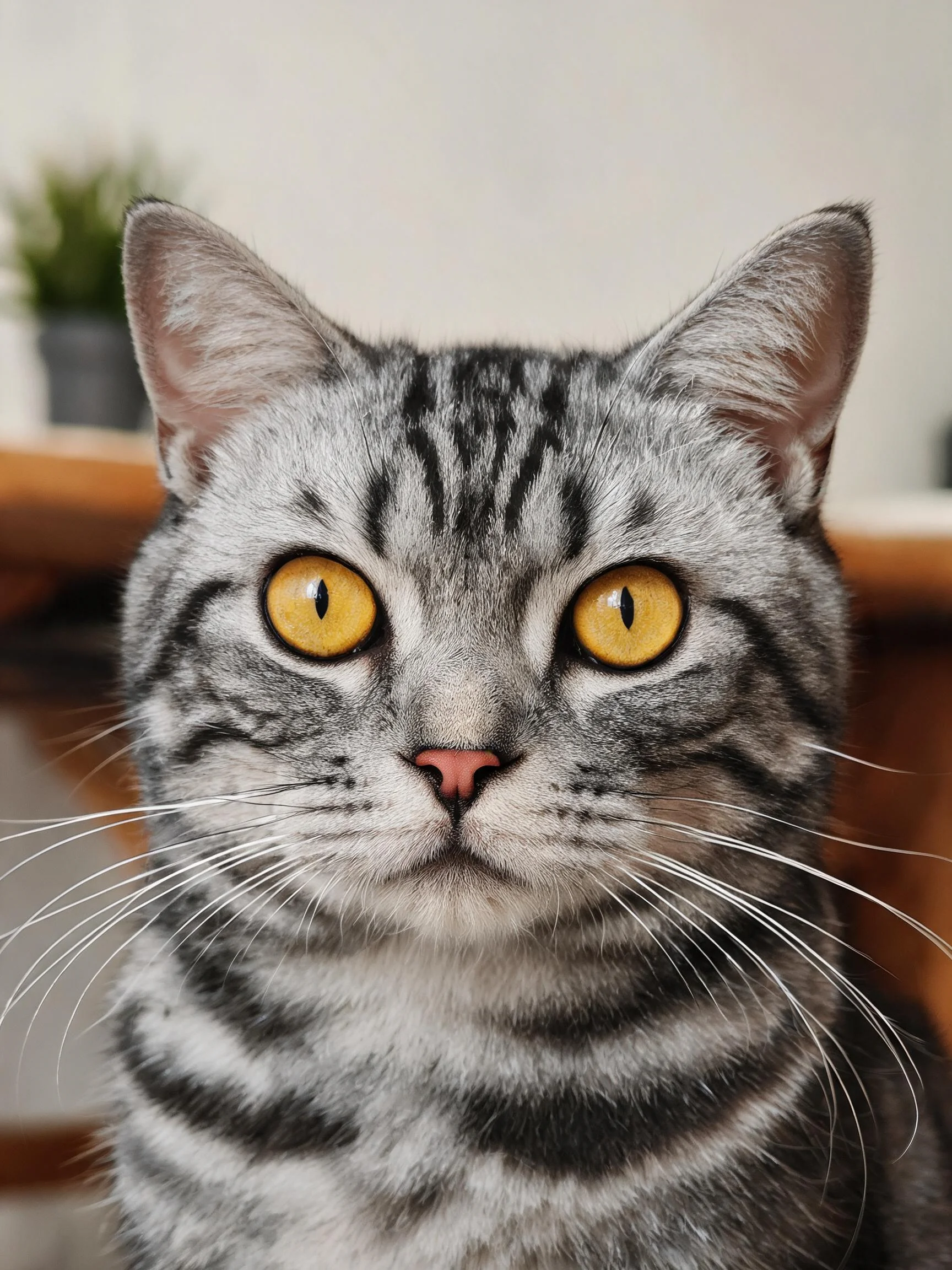 一只银色虎斑短毛猫,拥有明亮的黄色眼睛和清晰的条纹毛发,正安静地注视着镜头方向。