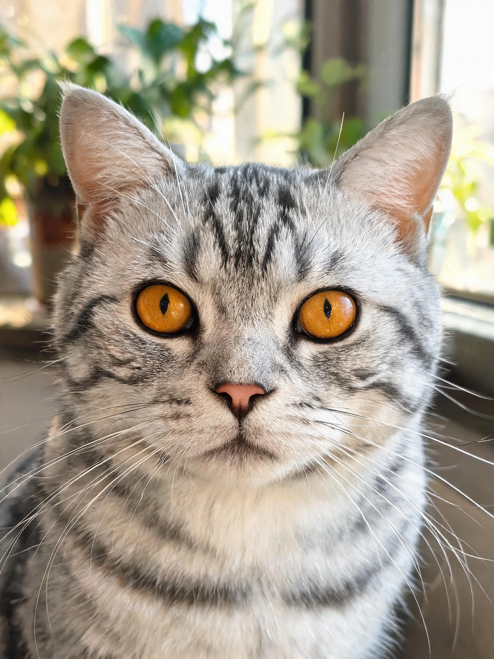 这是一只银色短毛虎斑猫,拥有明亮的橙黄色眼睛和银灰色带黑纹的毛发,正安静地注视着镜头方向。