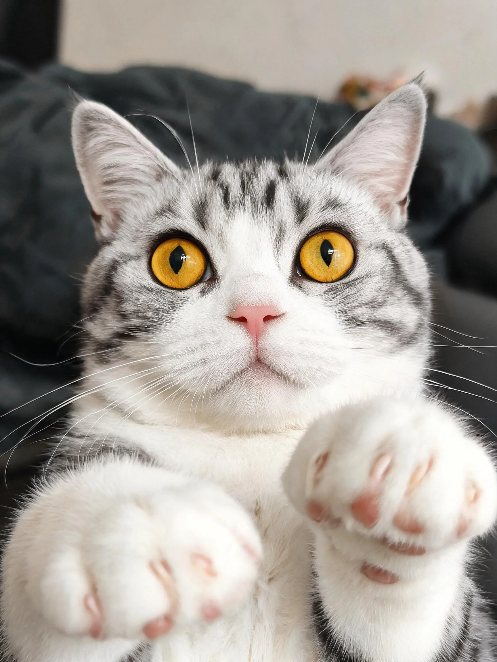 银灰虎斑短毛猫有着明亮的黄色眼睛和柔软洁白的爪垫。