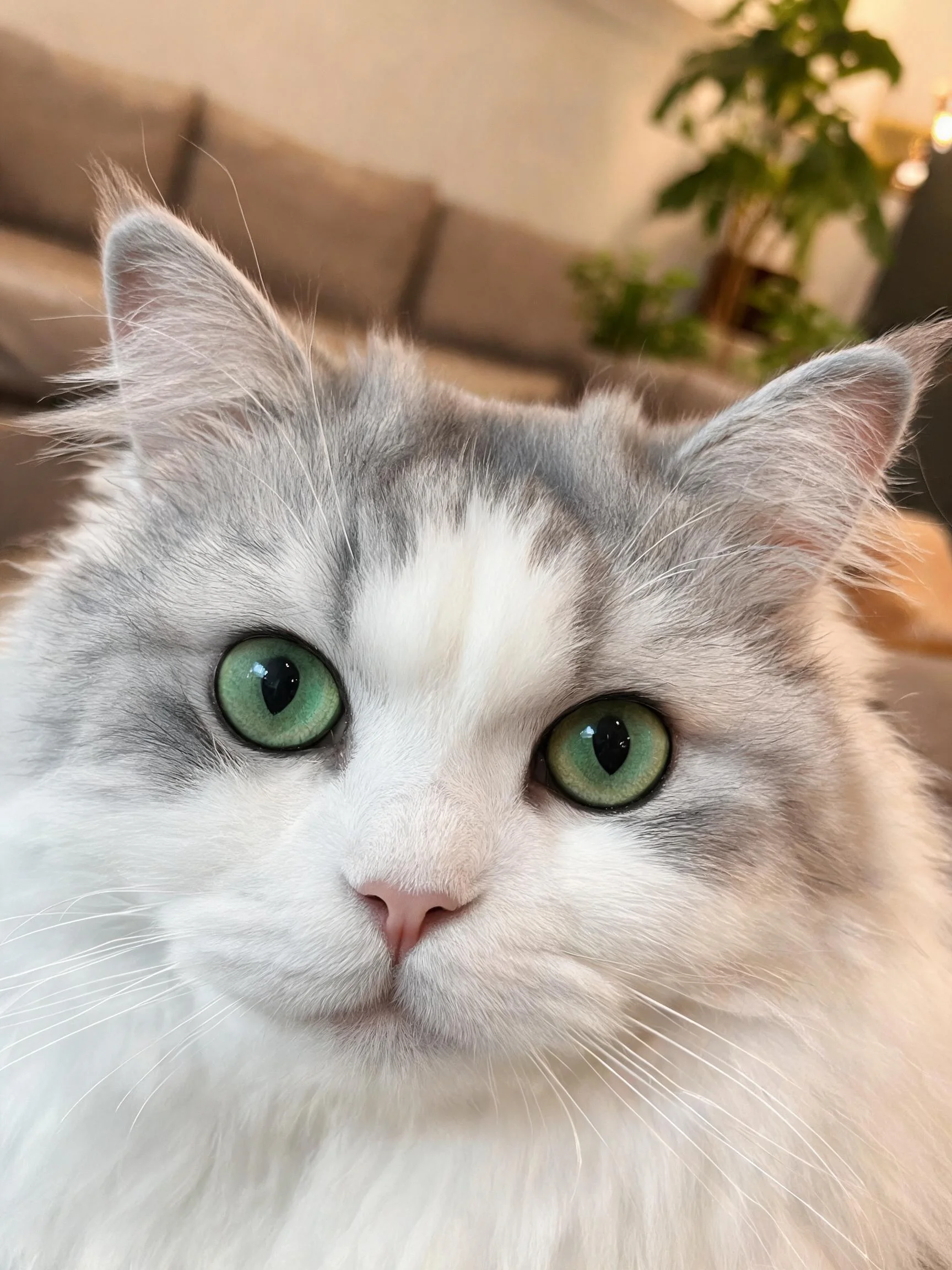 这只双色长毛猫有着大而明亮的绿色眼睛，雪白与浅灰相间的毛发柔软蓬松。