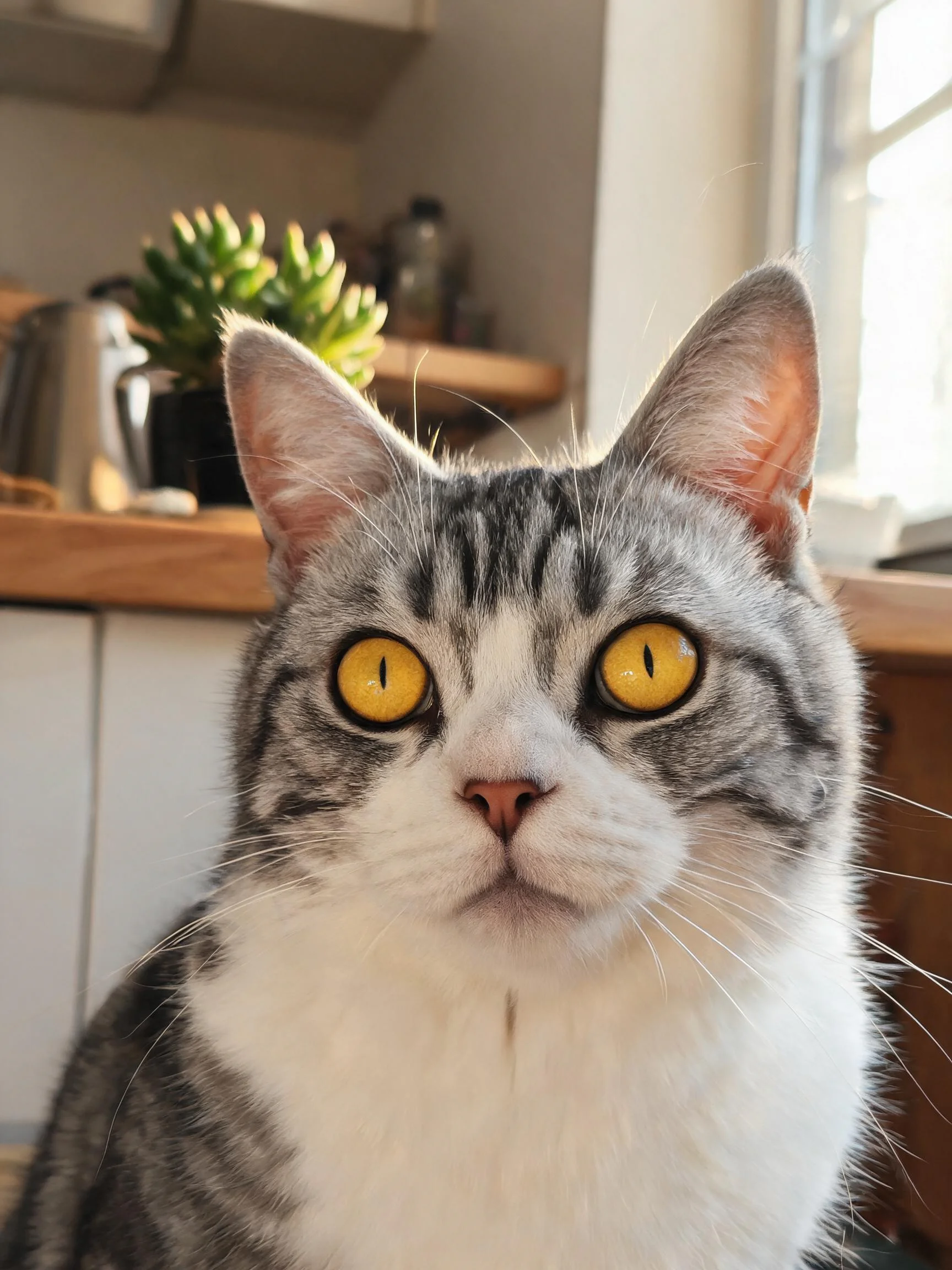 灰白短毛猫拥有明亮黄色双眼和清晰条纹毛发，正安静注视镜头。