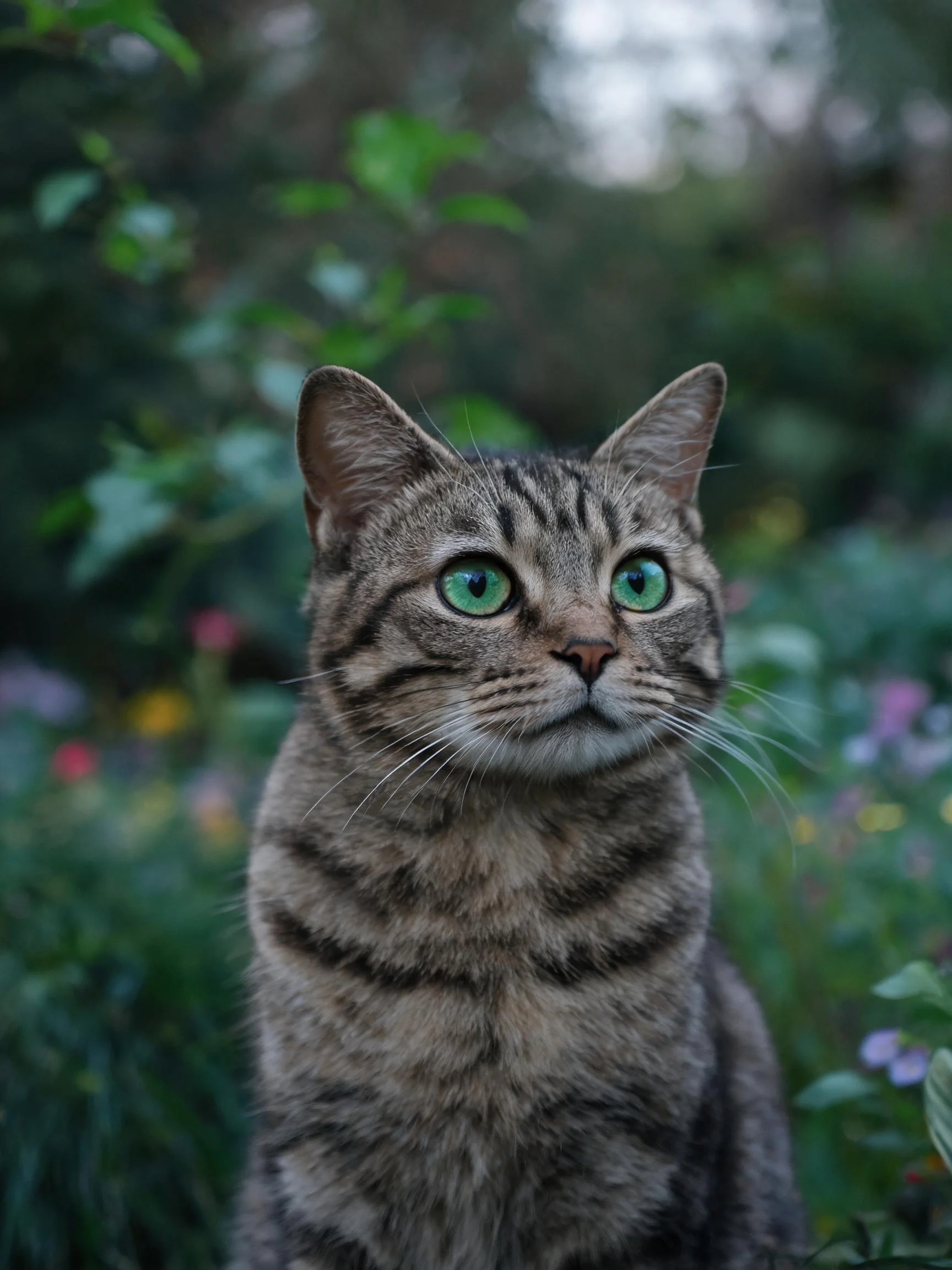 短毛虎斑猫有着翠绿色的眼睛和清晰的虎斑纹理，毛发短而顺滑地覆盖在身体上。