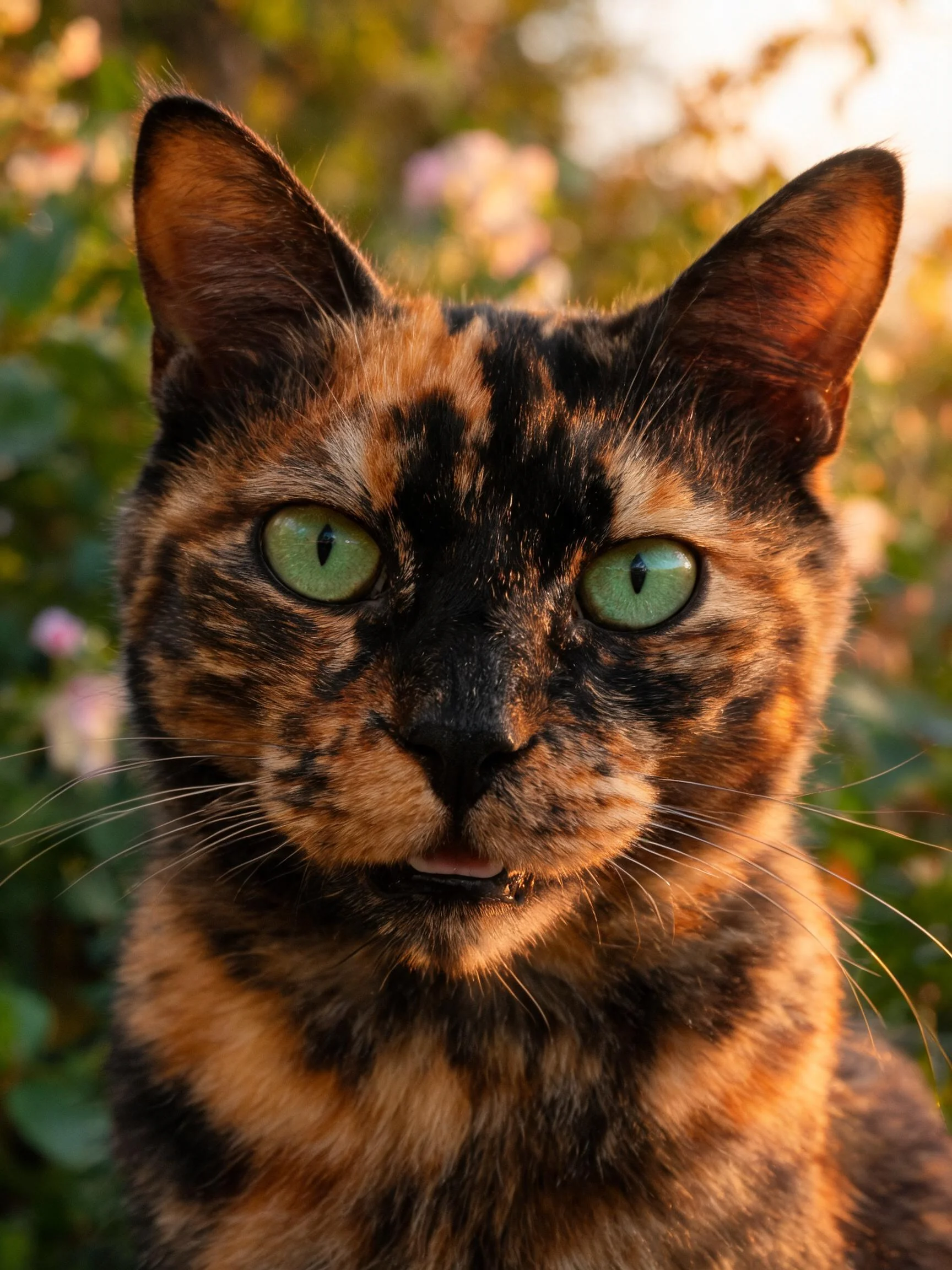 玳瑁猫有着独特的玳瑁色皮毛和明亮的绿色眼睛，处于花园环境中。