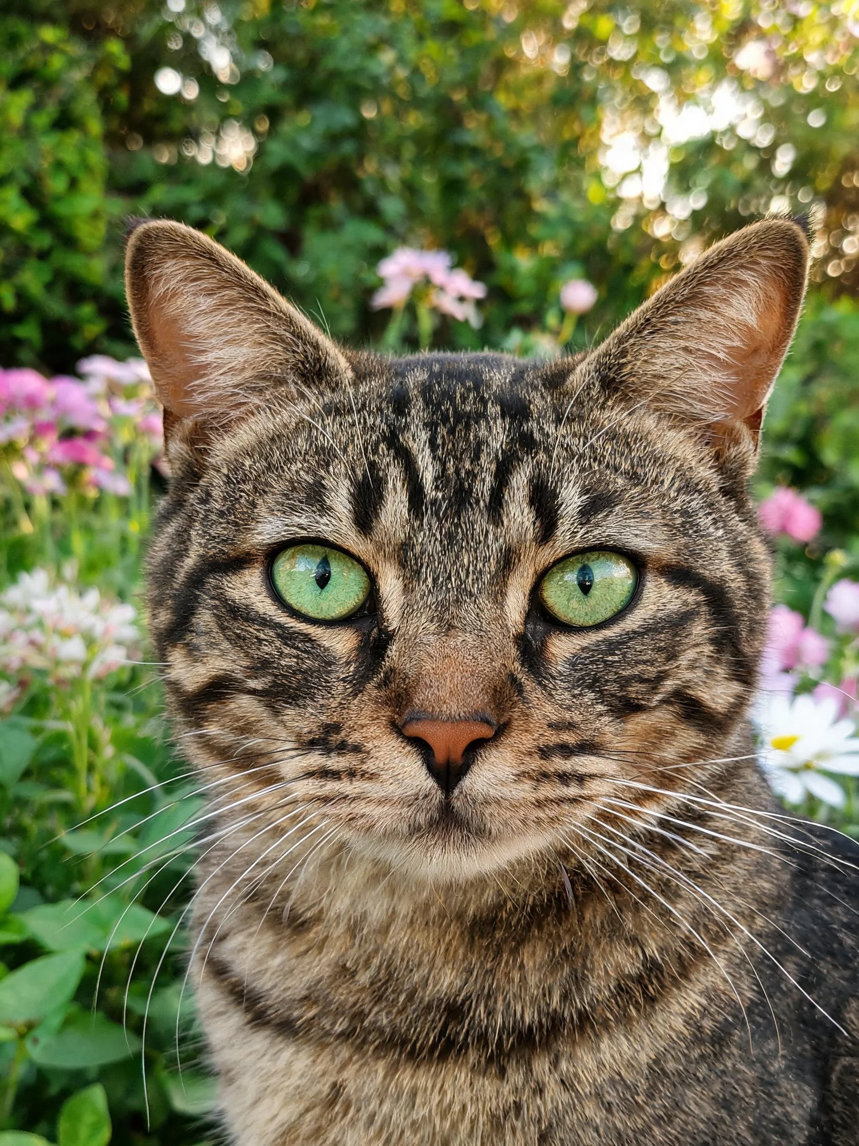 一只短毛虎斑猫,拥有绿色眼睛和典型虎斑纹理的毛发,处于花园花卉环境中。