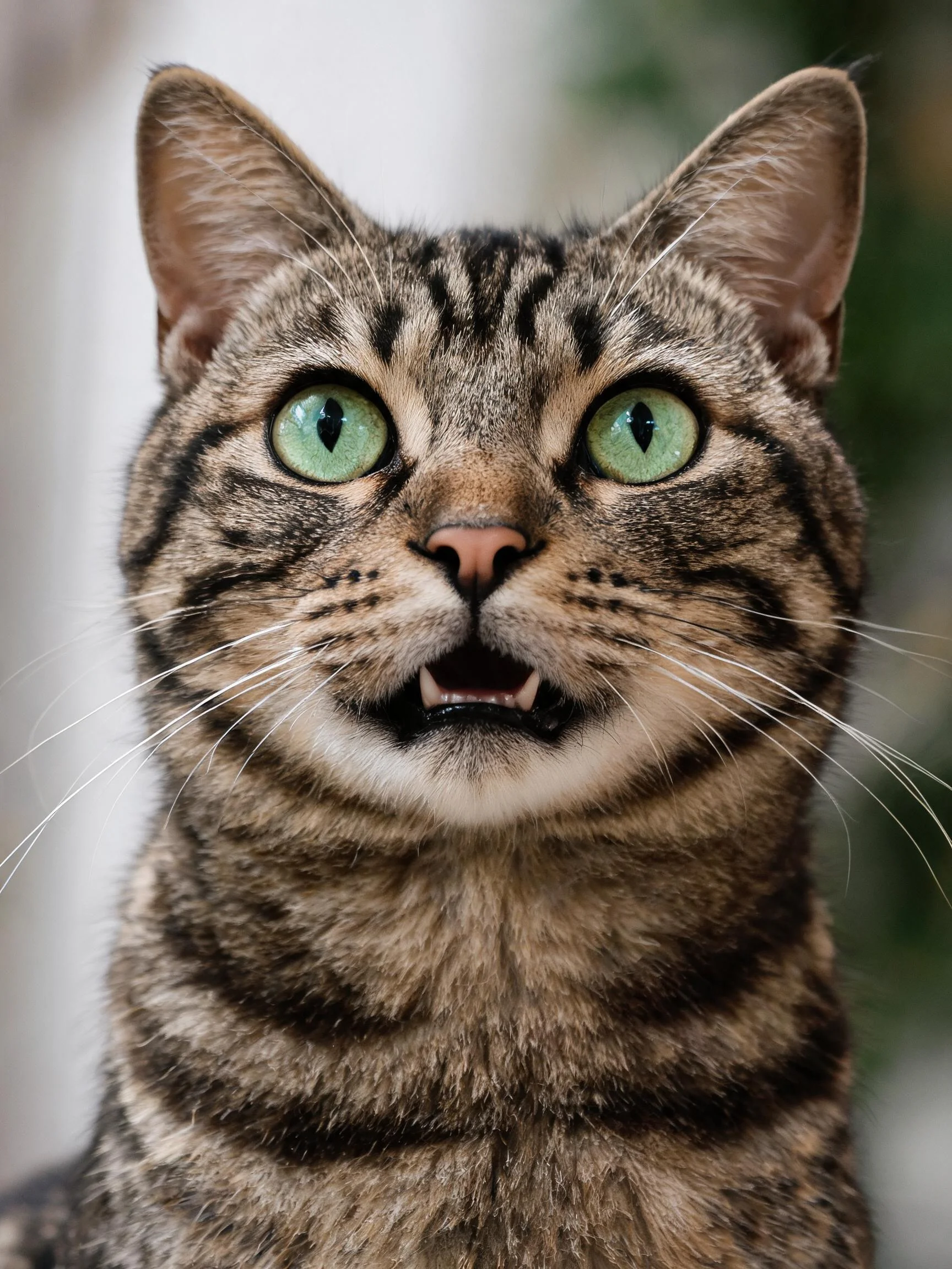 虎斑短毛猫张嘴凝视,绿色眼睛明亮,面部有典型虎斑纹理。