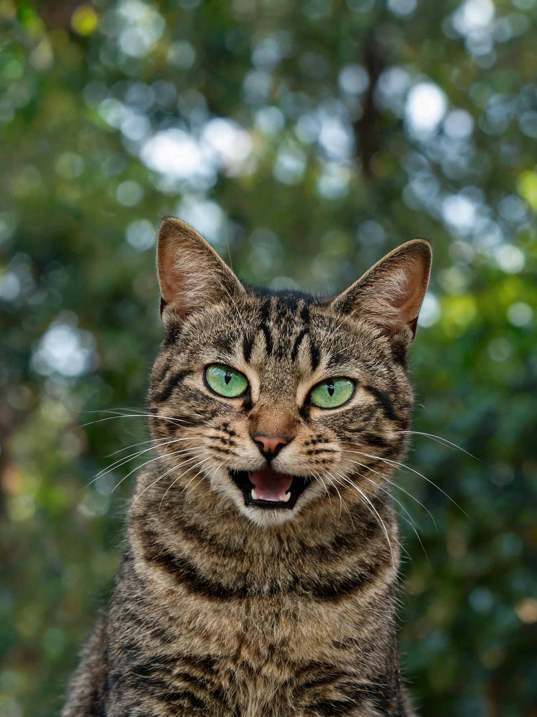 短毛虎斑猫面向镜头,绿色眼睛明亮,皮毛呈现典型虎斑纹理特征。